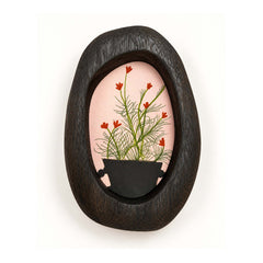 Hand-Carved Black Pebble-Shaped Wood Picture Frame with Botanical Art