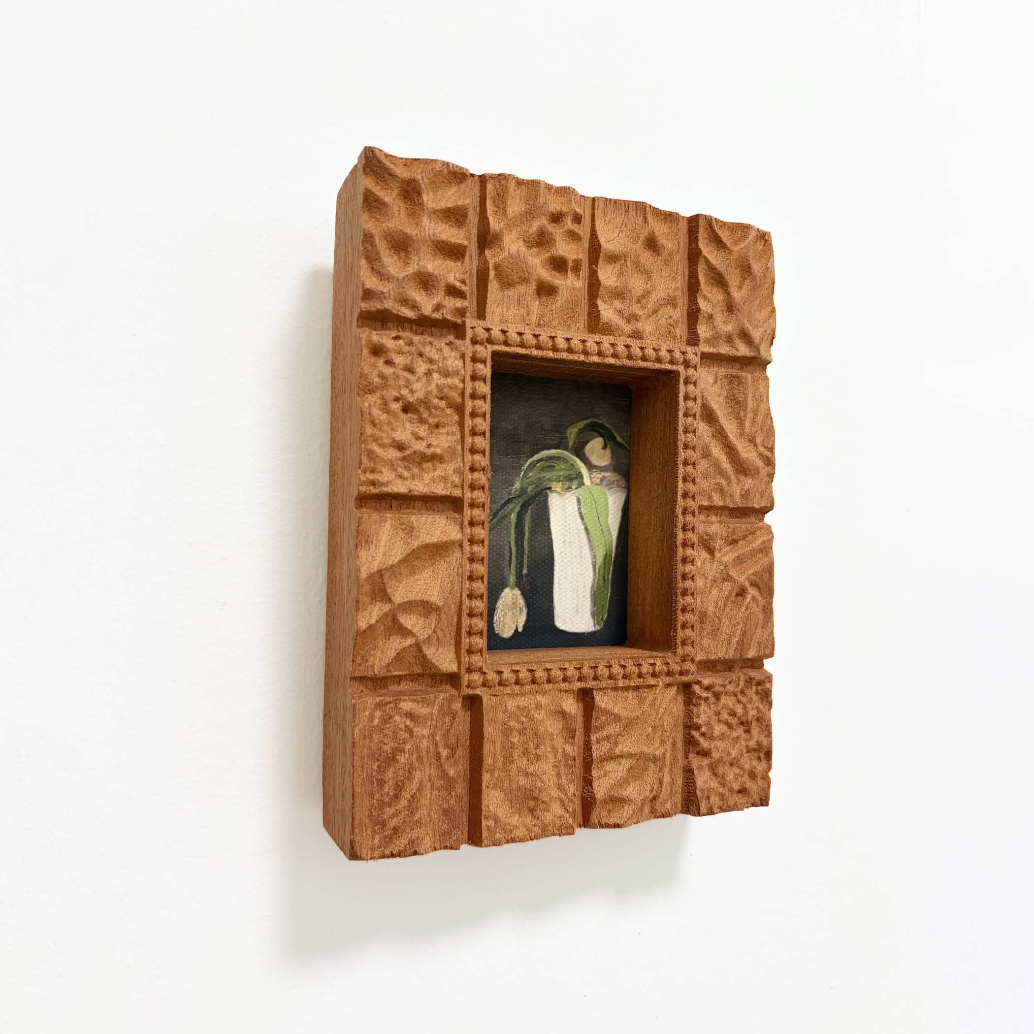 Hand-Carved Textured Sapele Wood Picture Frame with Red Tree Art