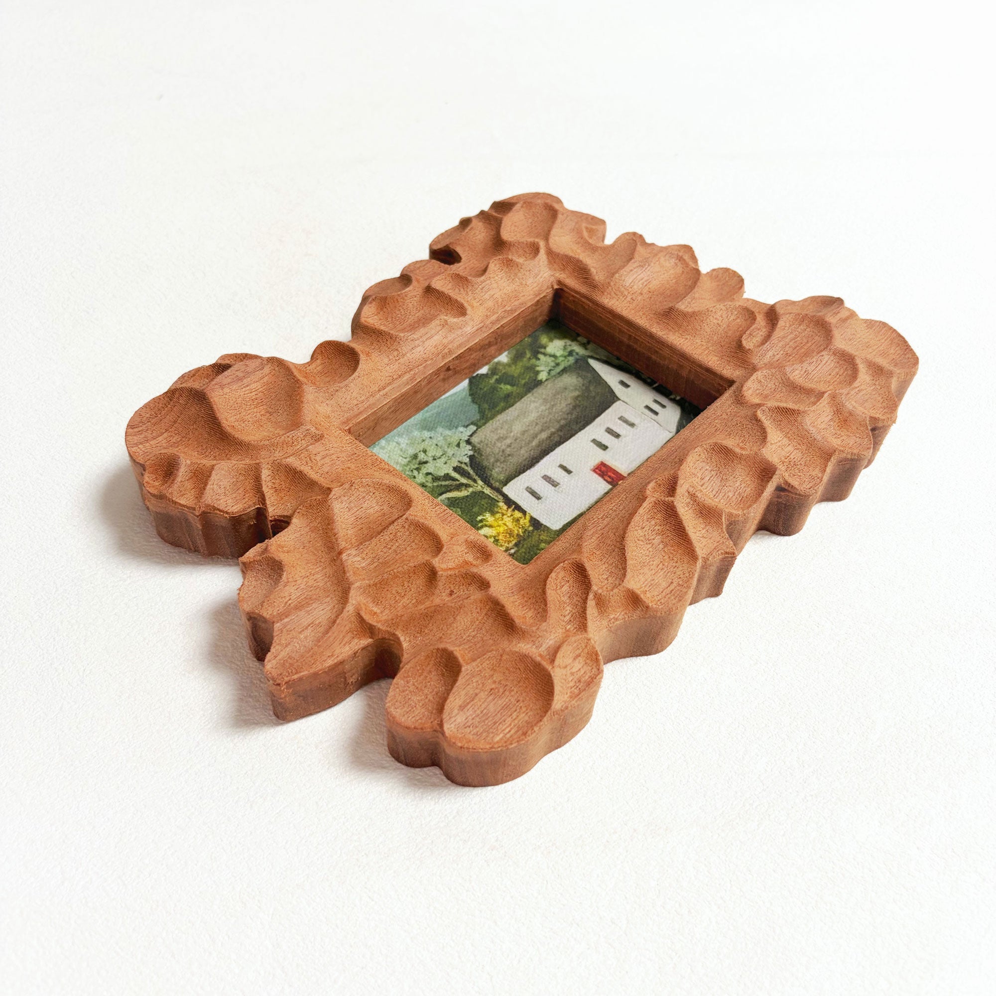 Hand-Carved Sculptural Floral Sapele Wood Picture Frame with Cottage Art