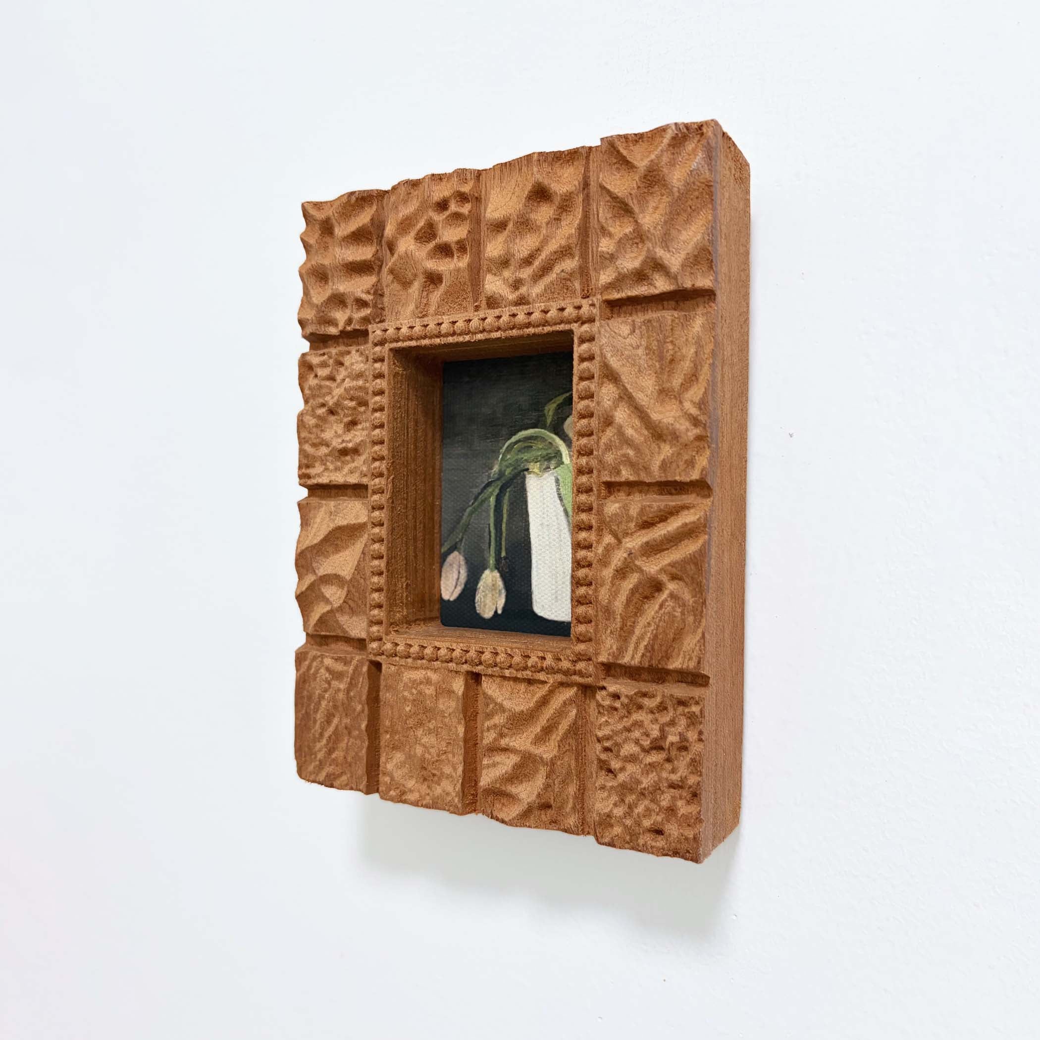 Hand-Carved Textured Sapele Wood Picture Frame with Red Tree Art