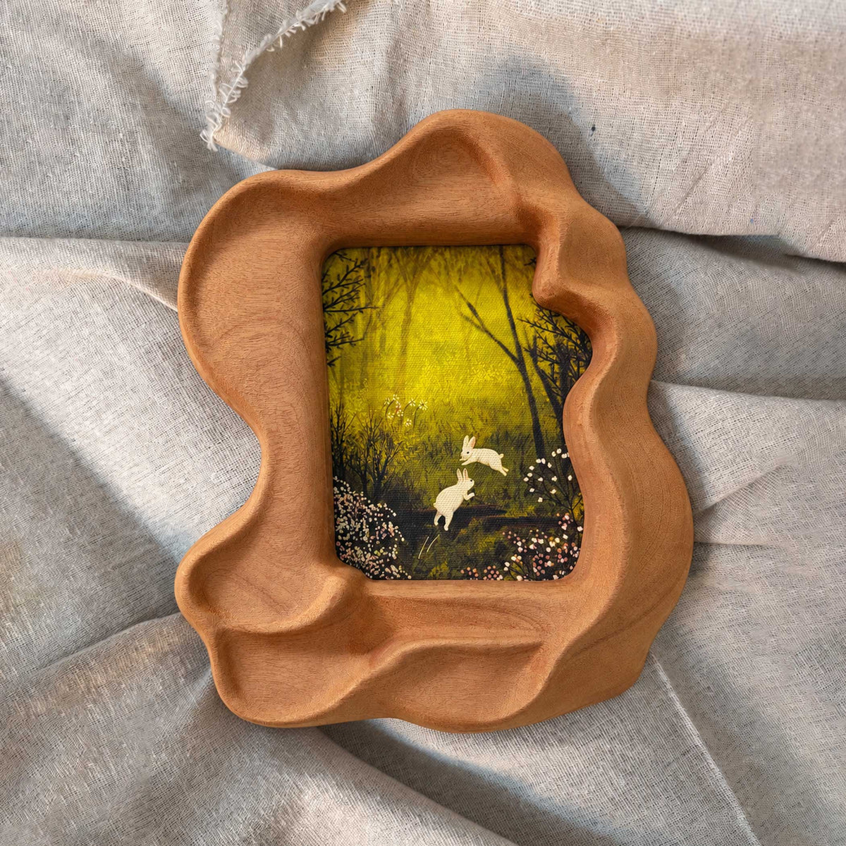 Handmade Irregular Sapele Wood Picture Frame with Rabbit Art