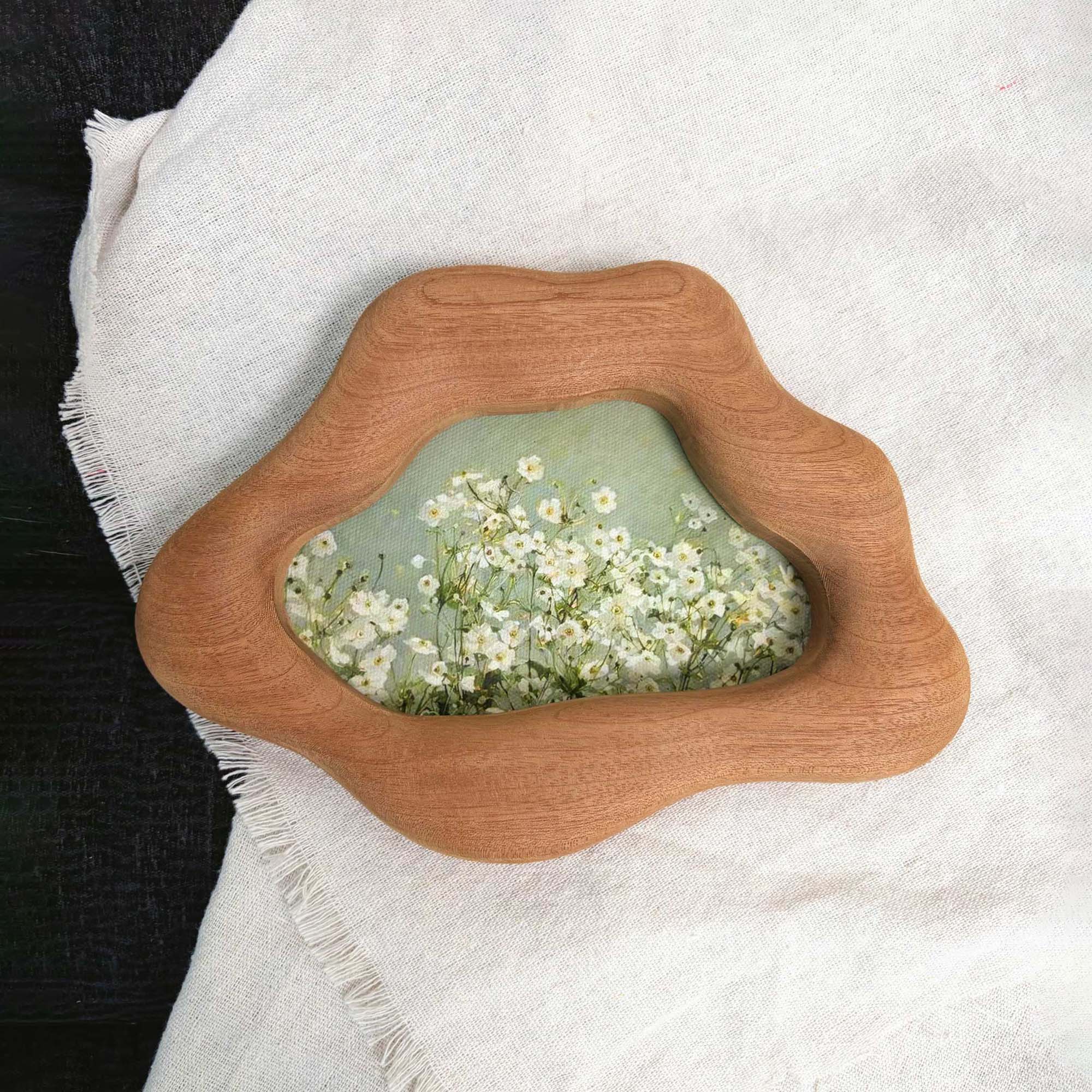 Handmade Cloud-Shaped Sapele Wood Picture Frame with Wildflower Art