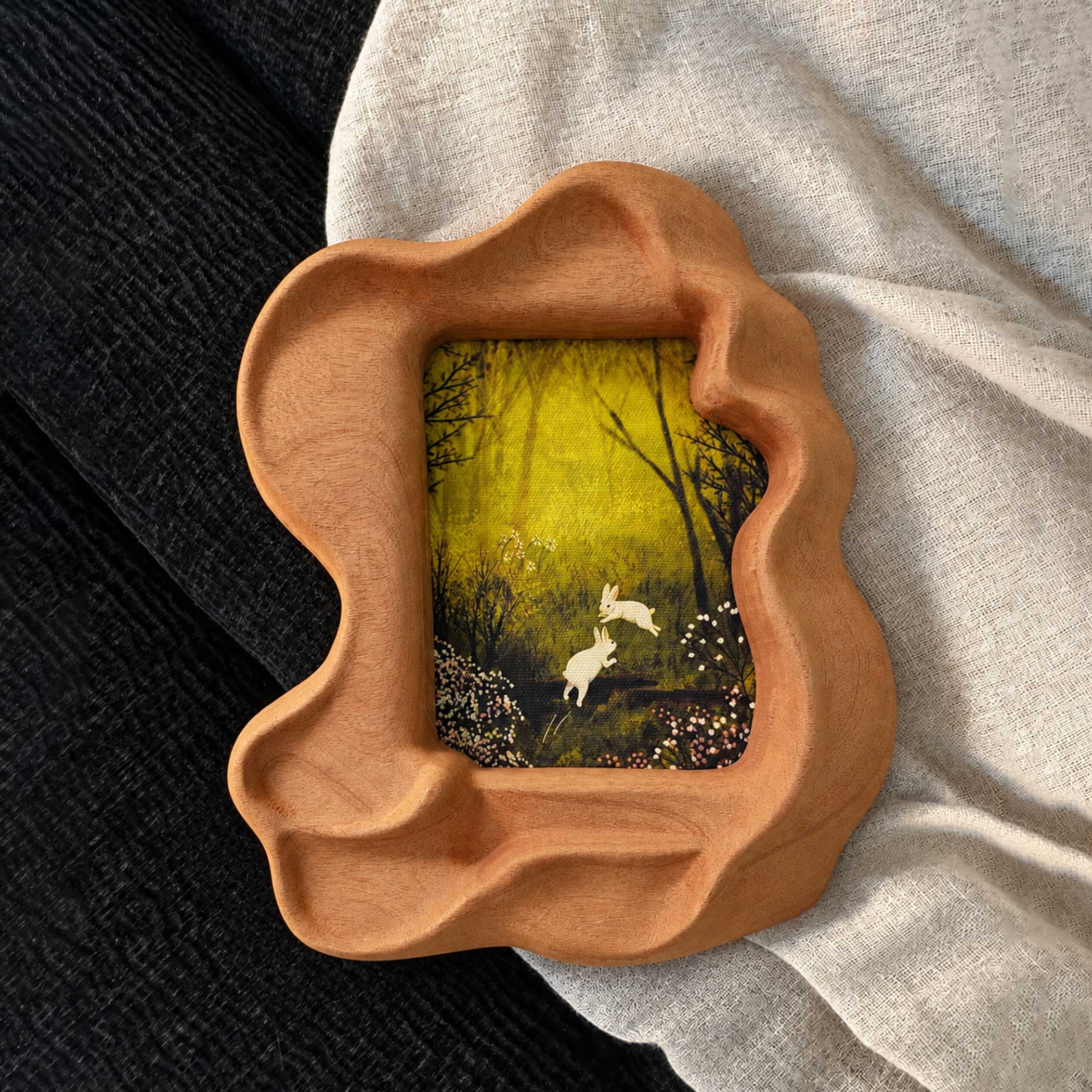 Handmade Irregular Sapele Wood Picture Frame with Rabbit Art