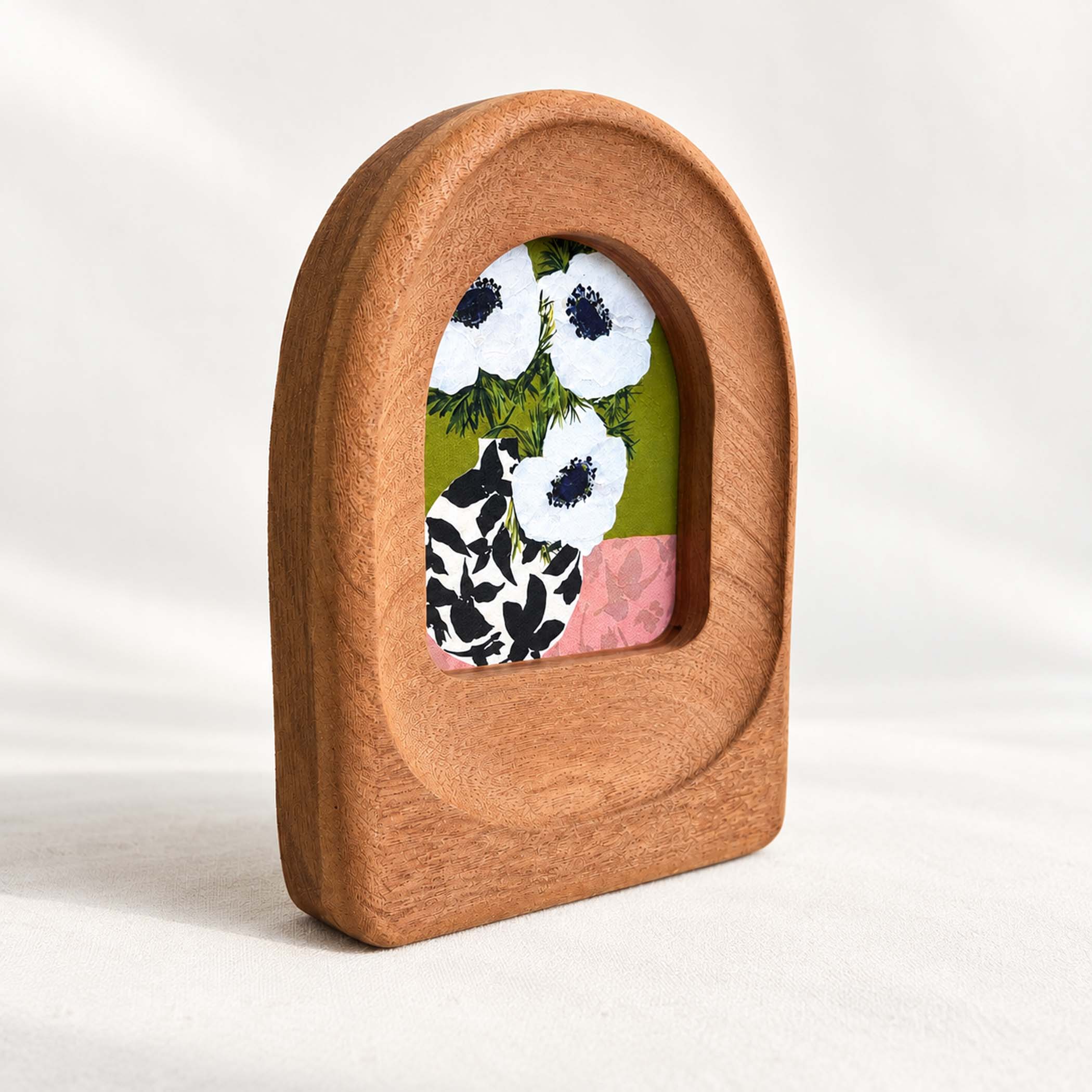 Hand-Carved Sapele Wood Arch Frame with Botanical Art
