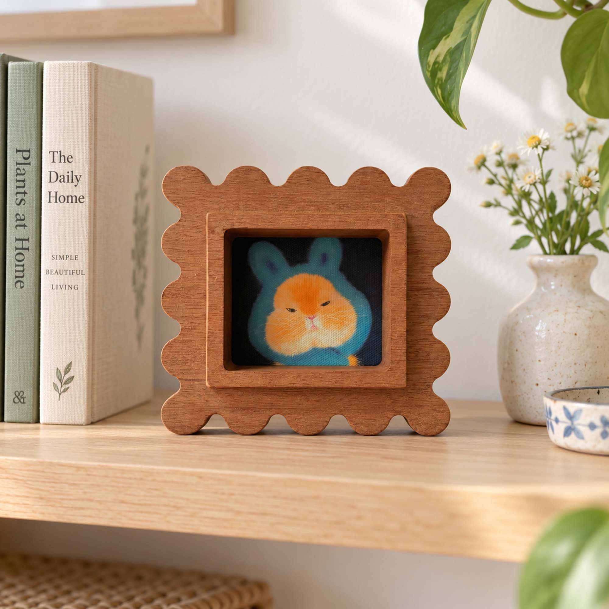 Handmade Scalloped Sapele Wood Picture Frame with Rabbit Art