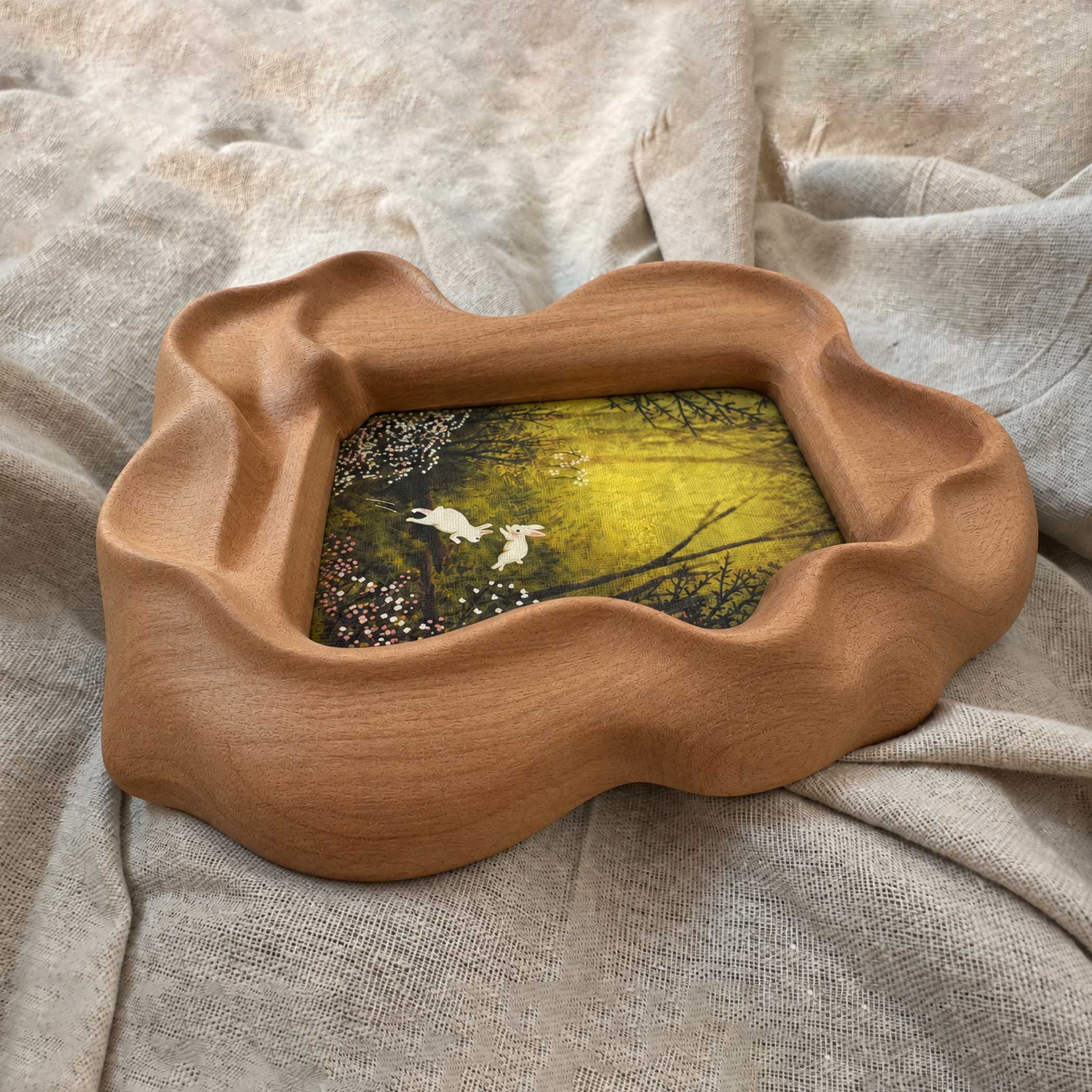 Handmade Irregular Sapele Wood Picture Frame with Rabbit Art