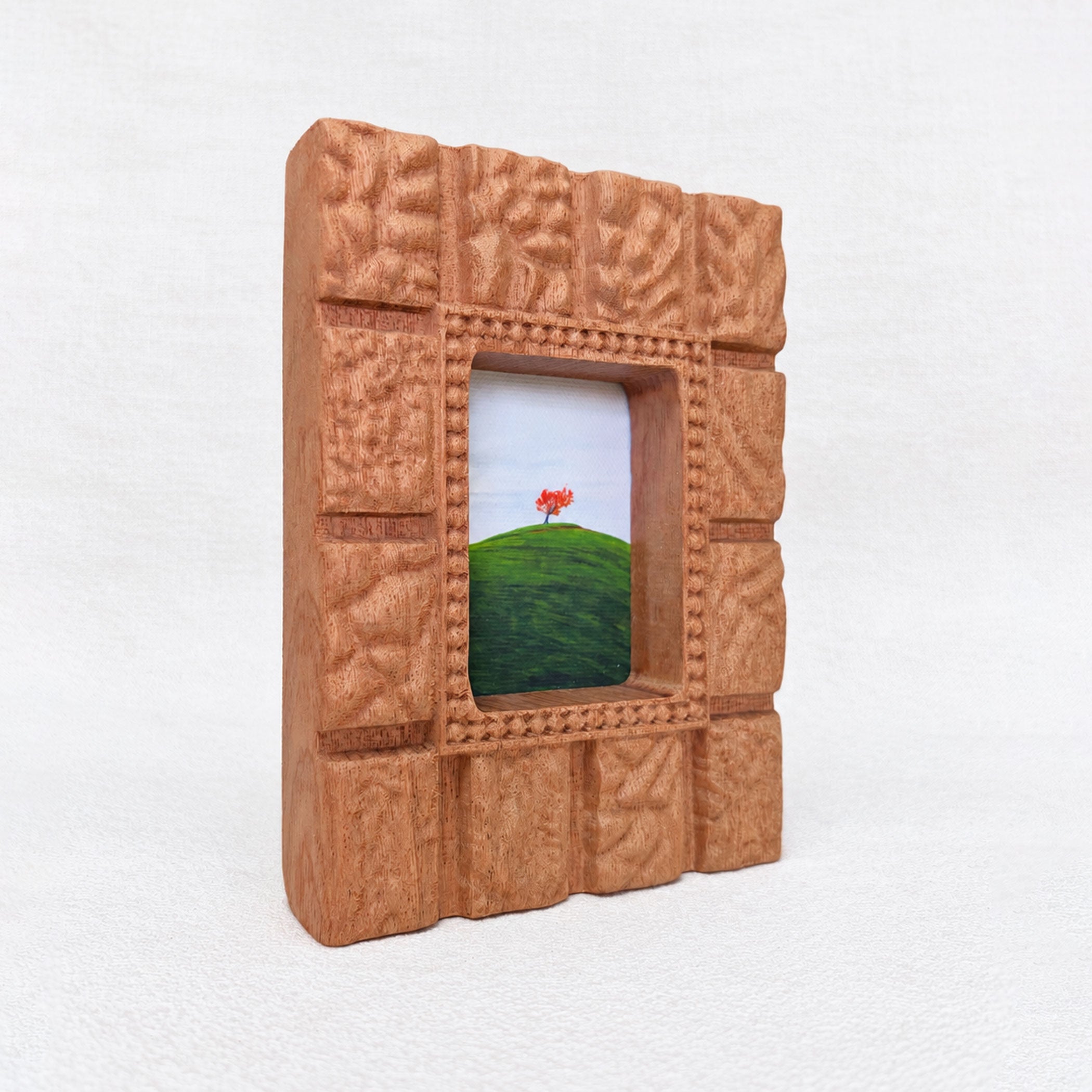 Hand-Carved Textured Sapele Wood Picture Frame with Red Tree Art