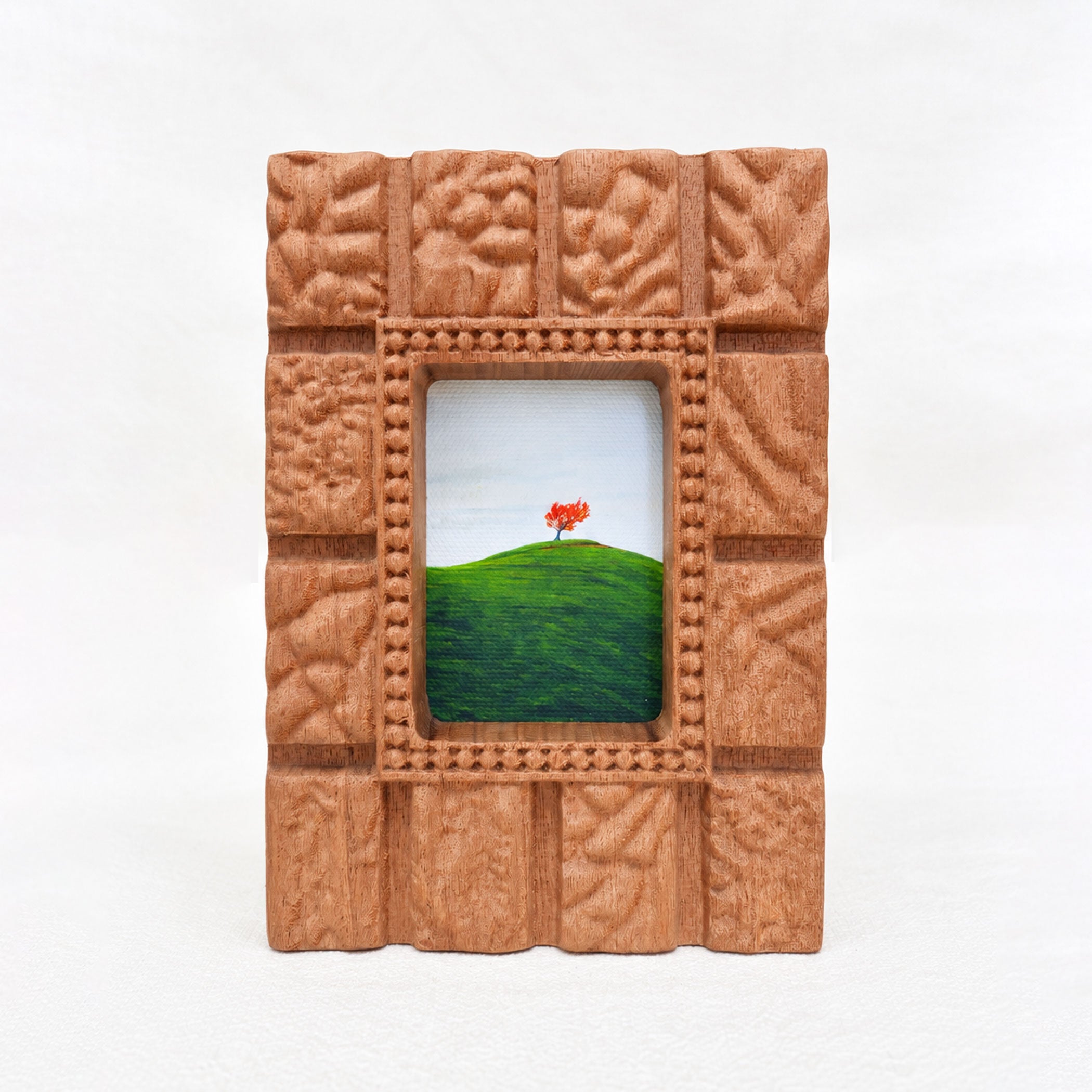 Hand-Carved Textured Sapele Wood Picture Frame with Red Tree Art