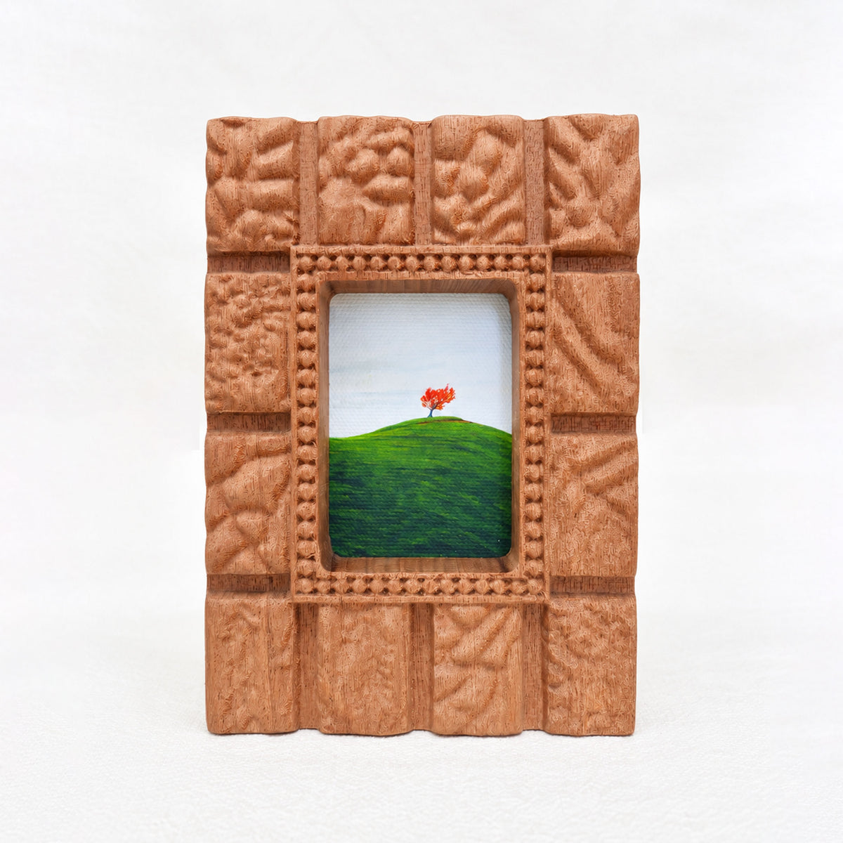 Hand-Carved Textured Sapele Wood Picture Frame with Red Tree Art