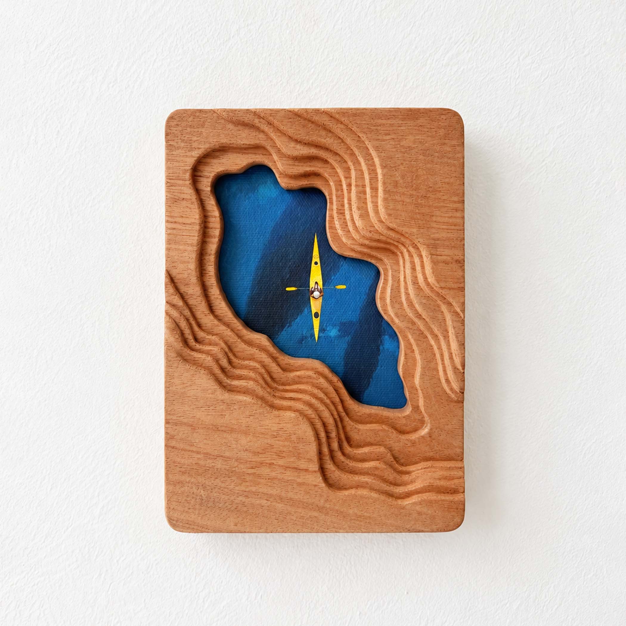 Hand-Carved Textured Sapele Wood Picture Frame with Lake & Kayak Art