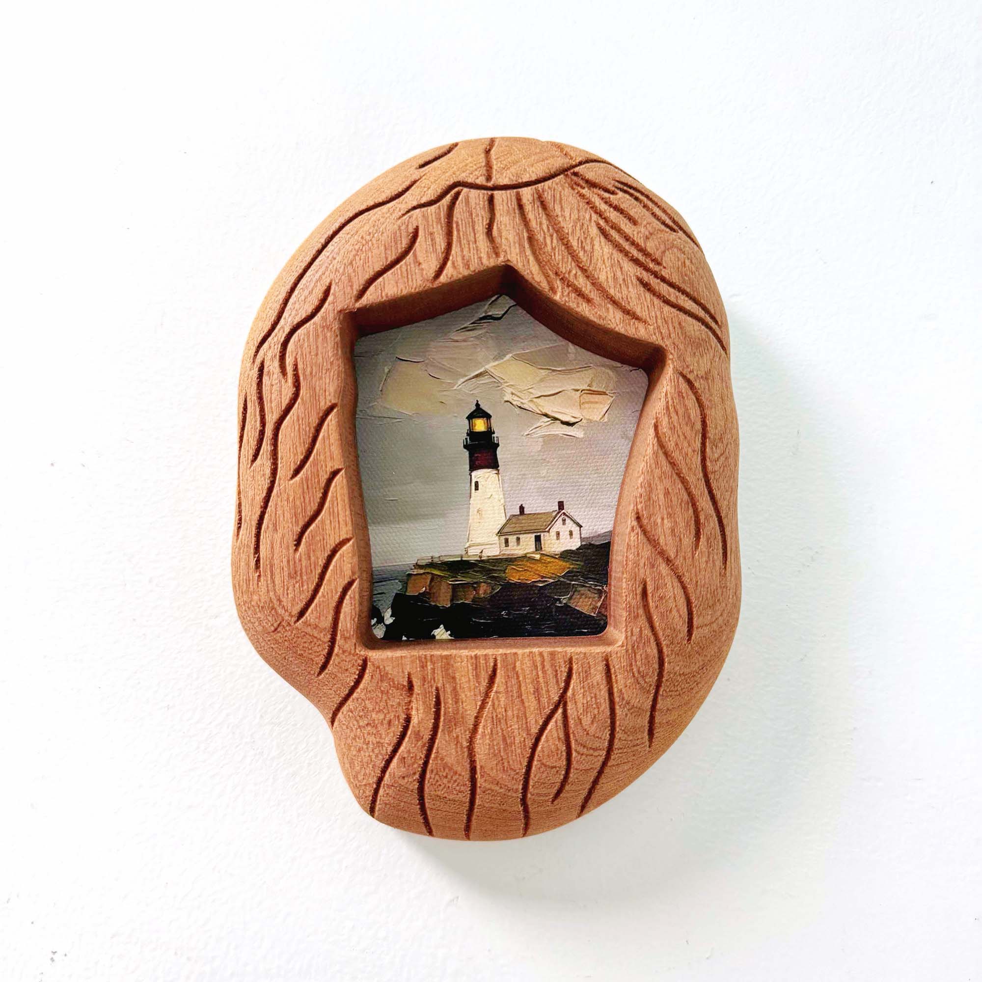 Hand-Carved Solid Wood Lighthouse Frame - Organic Wabi Sabi Coastal Decor