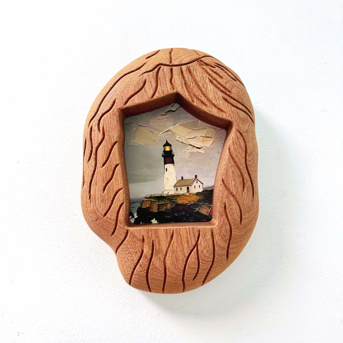 Hand-Carved Solid Wood Lighthouse Frame - Organic Wabi Sabi Coastal Decor