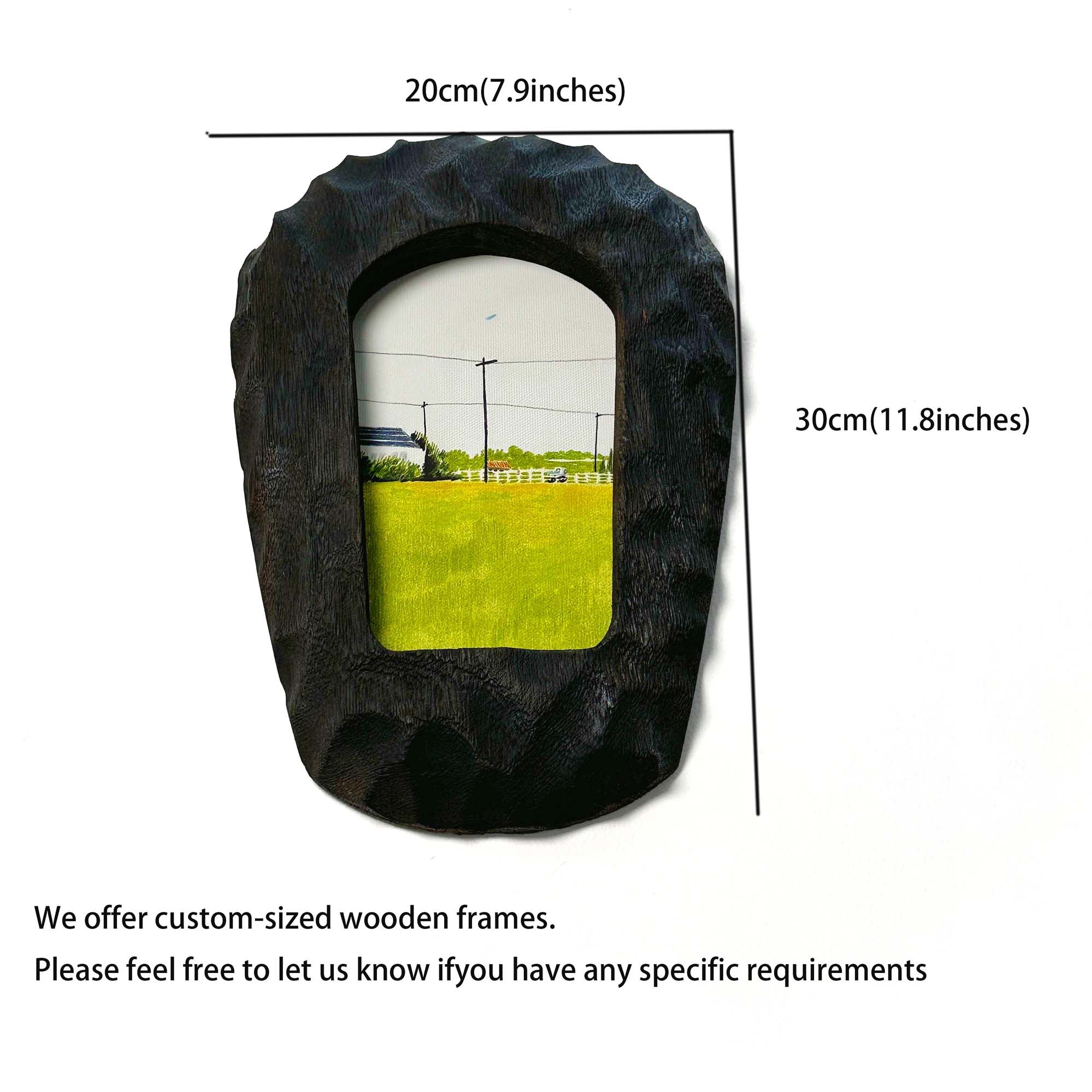 Hand Carved Black Wood Frame with Moody Landscape Art | Rustic Organic Decor