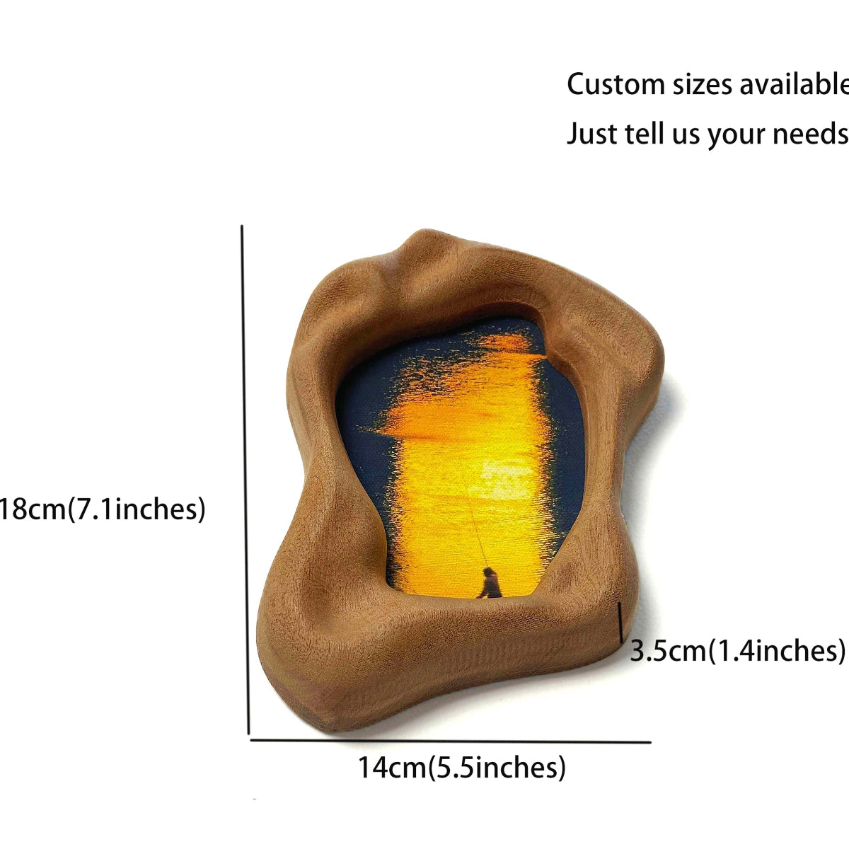 Handmade Wabi Sabi Freeform Wood Picture Frame, Abstract Sunset Fishing Art for Bedroom