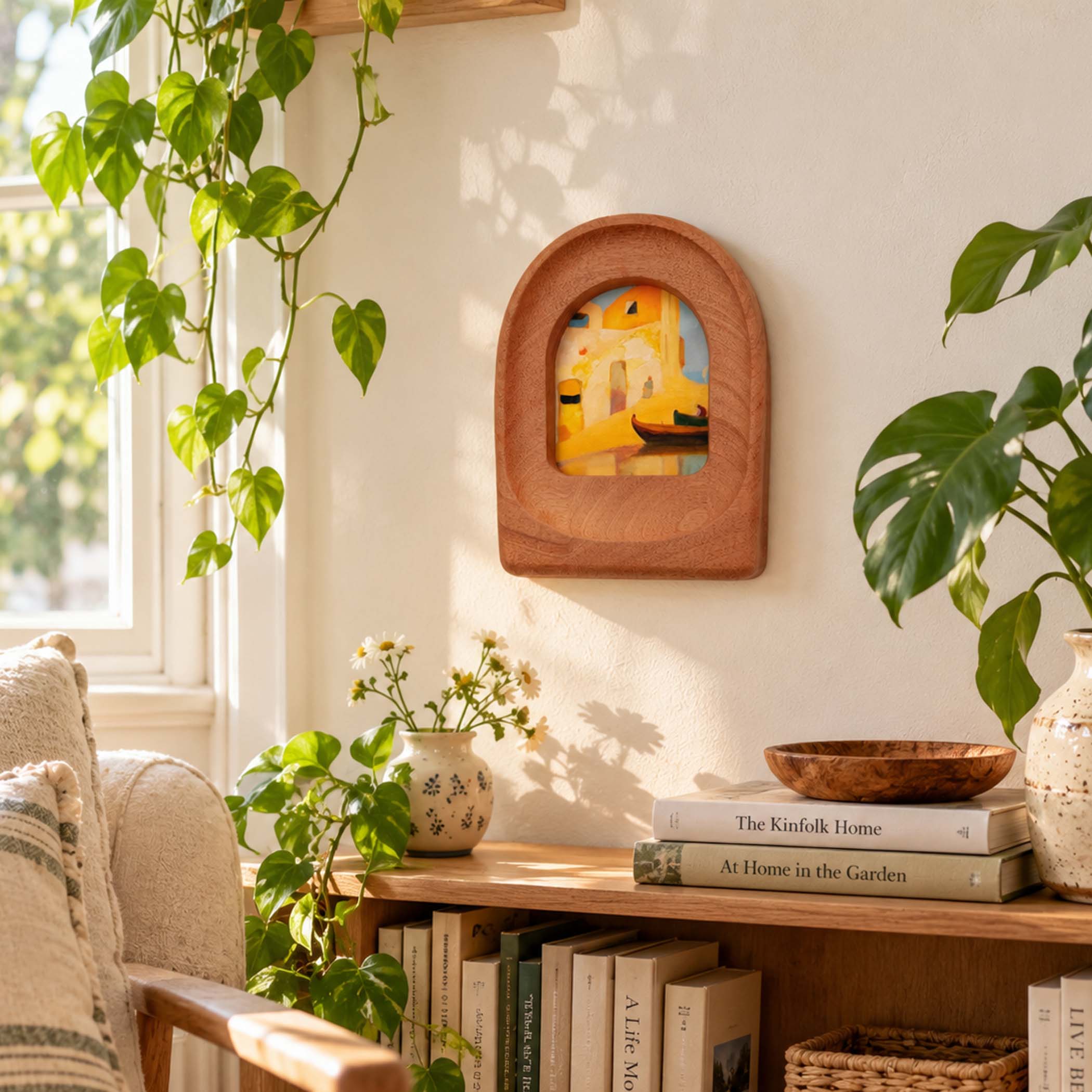 Handmade Arched Sapele Wood Picture Frame with Coastal Art