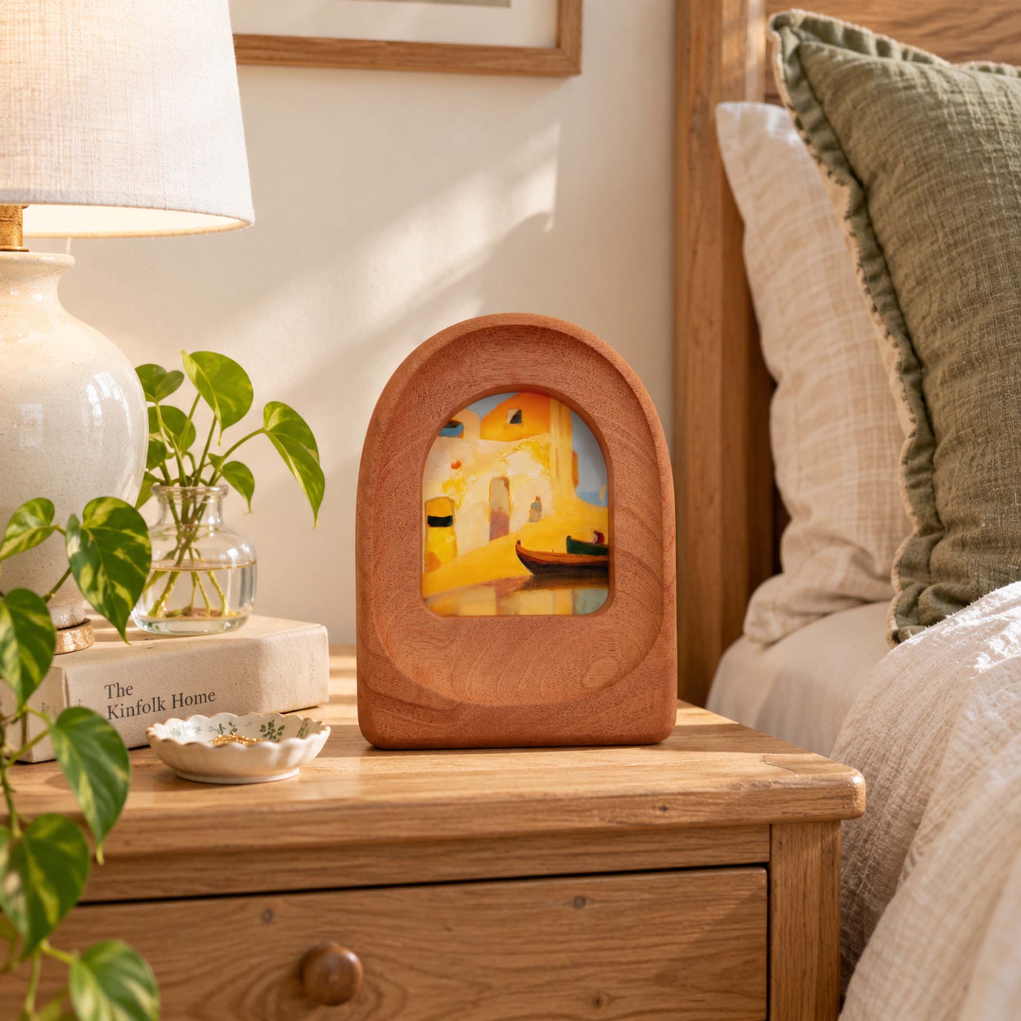 Handmade Arched Sapele Wood Picture Frame with Coastal Art