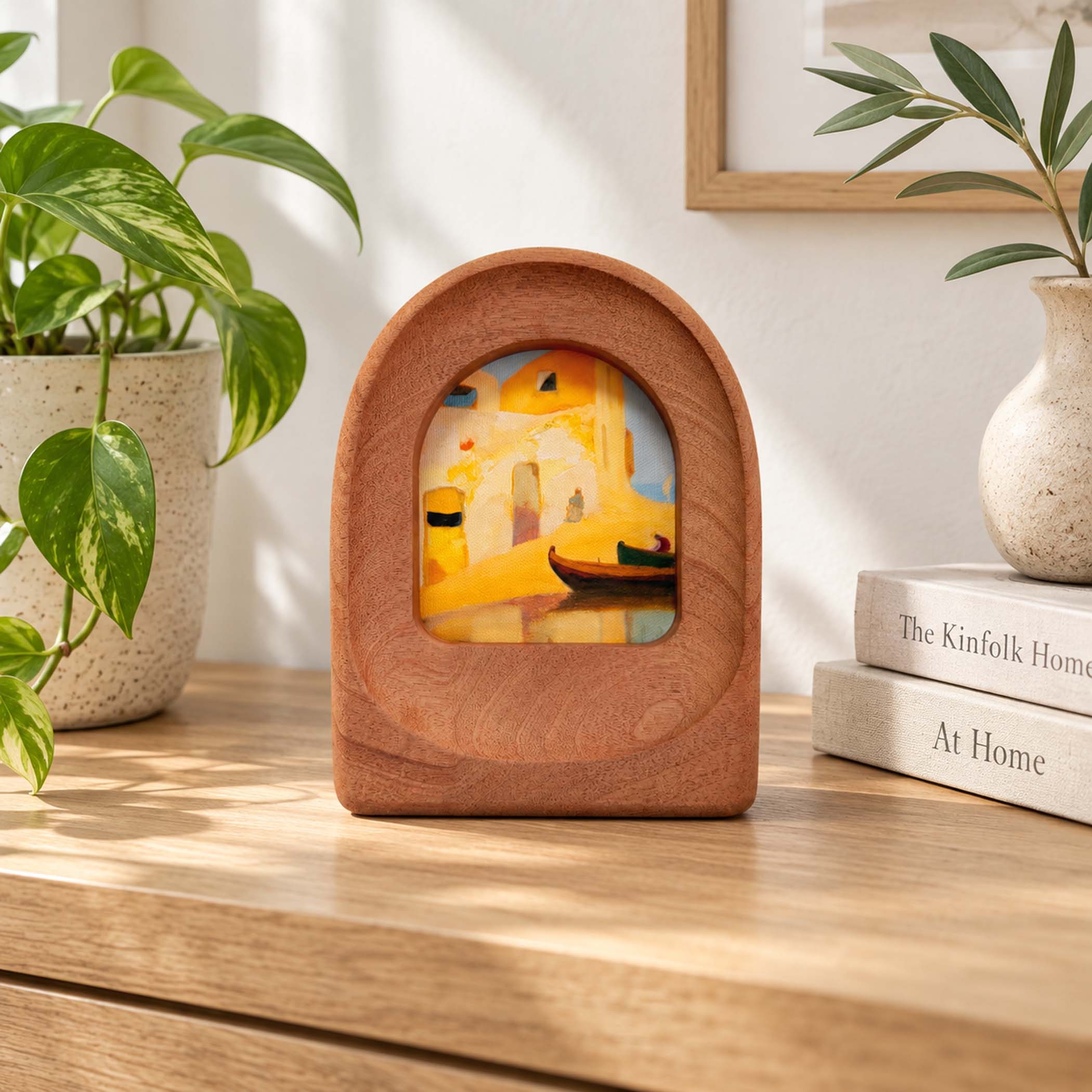 Handmade Arched Sapele Wood Picture Frame with Coastal Art