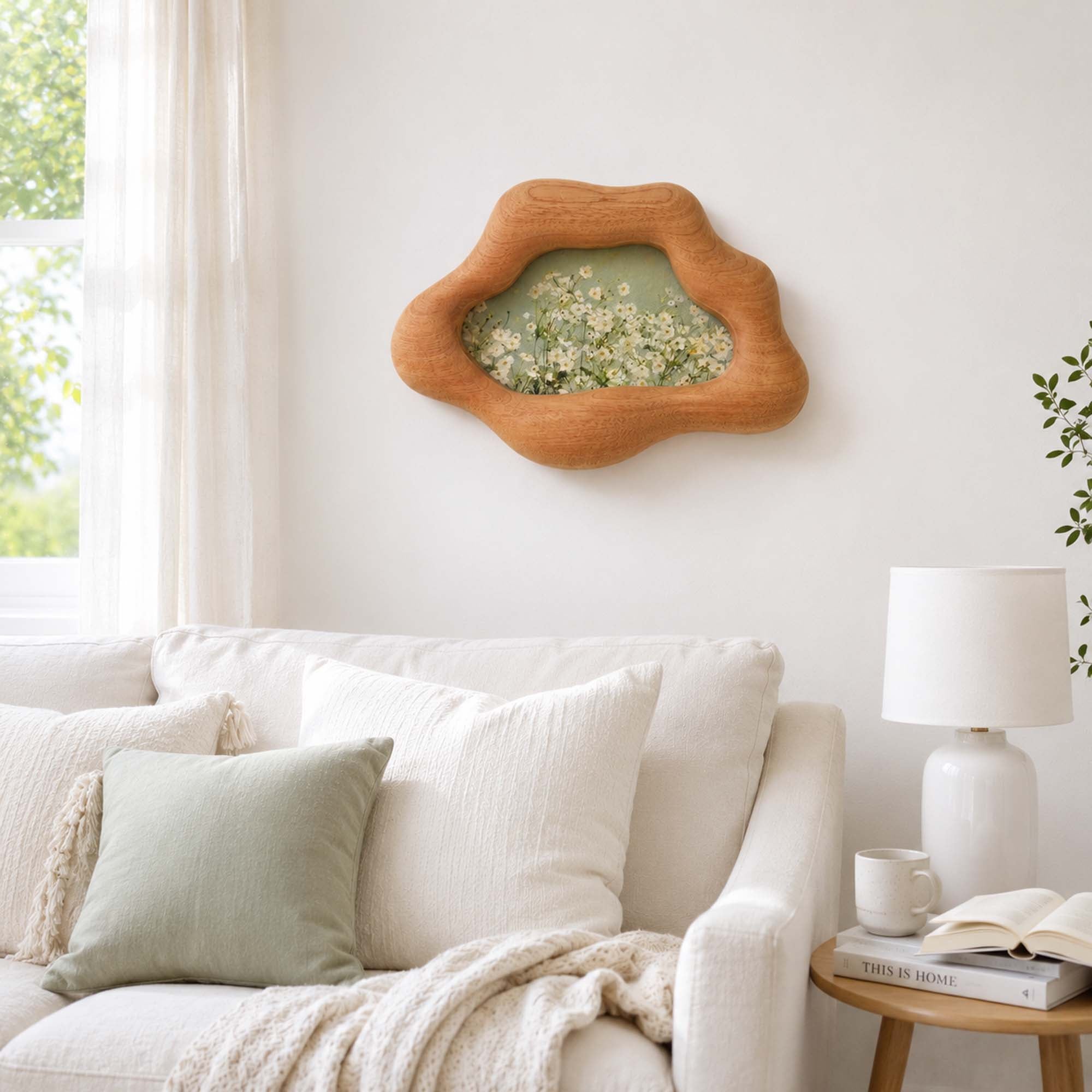 Handmade Cloud-Shaped Sapele Wood Picture Frame with Wildflower Art