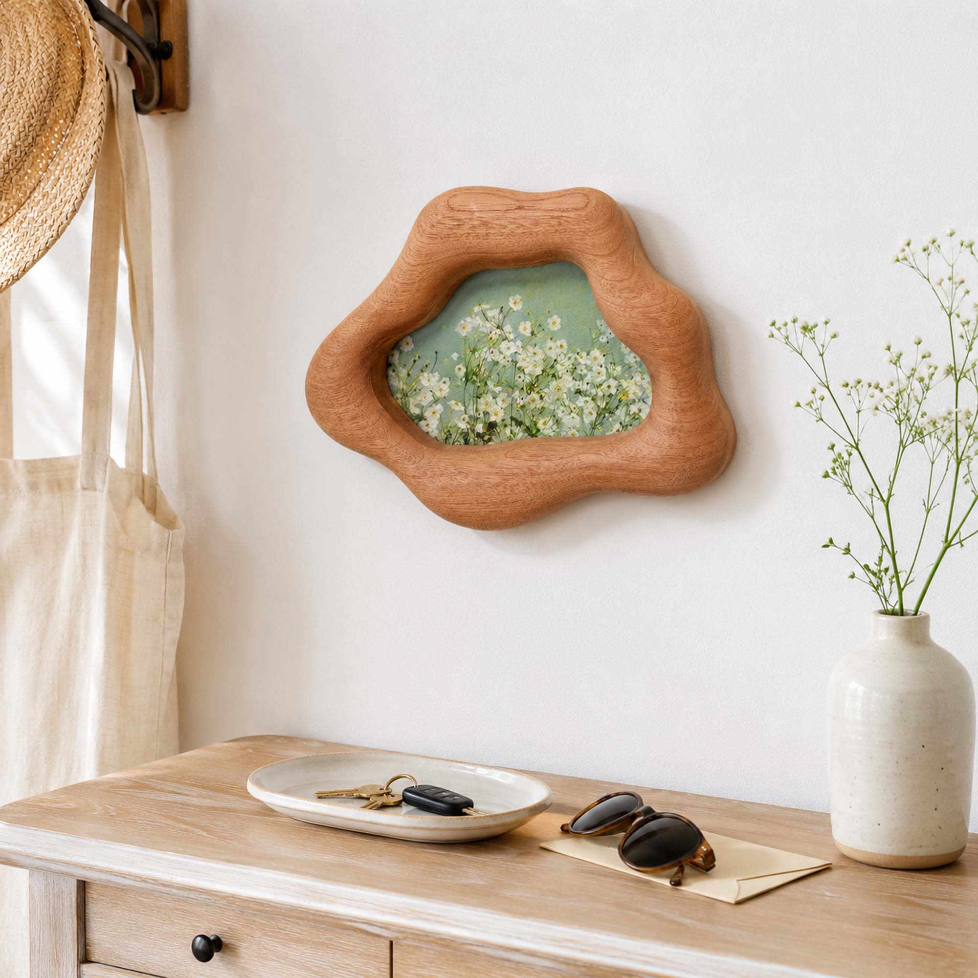 Handmade Cloud-Shaped Sapele Wood Picture Frame with Wildflower Art