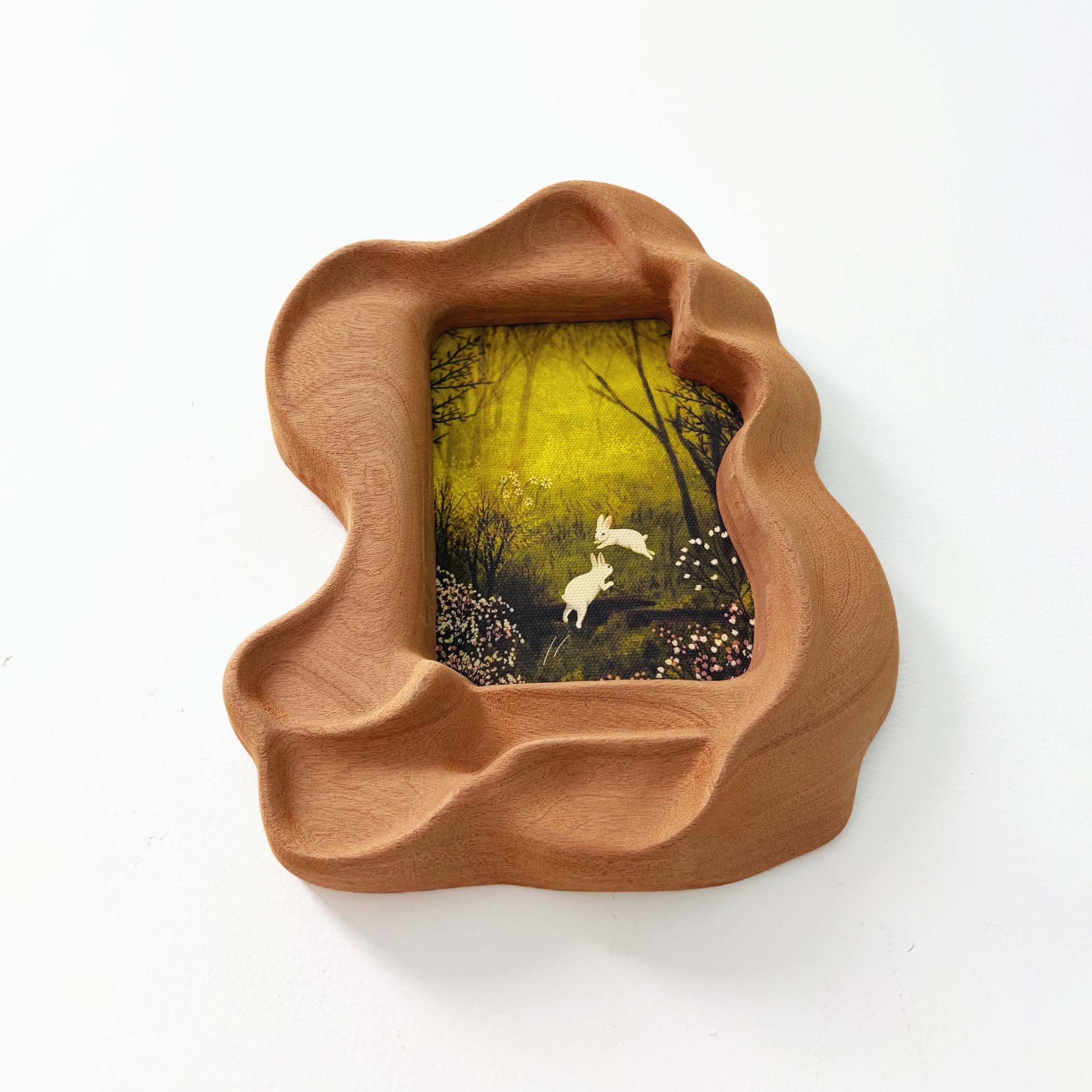 Handmade Irregular Sapele Wood Picture Frame with Rabbit Art