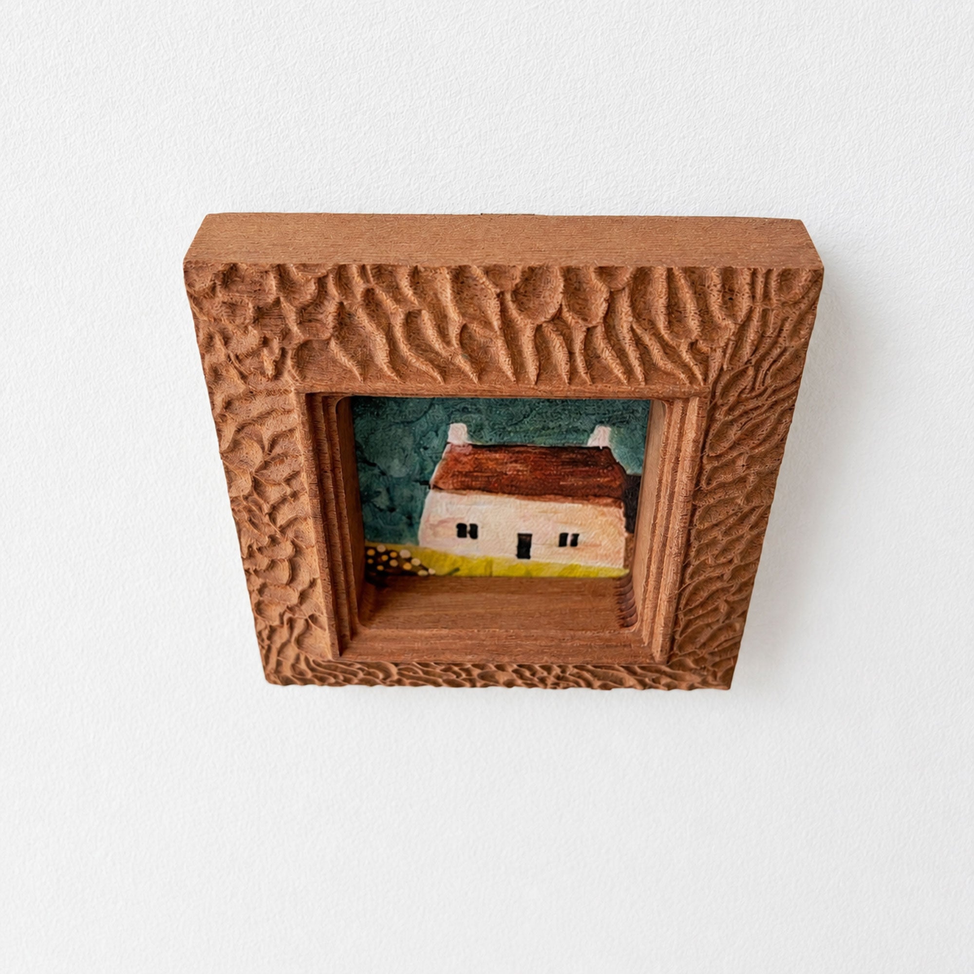 Hand-Carved Textured Sapele Wood Picture Frame with Cottage Art