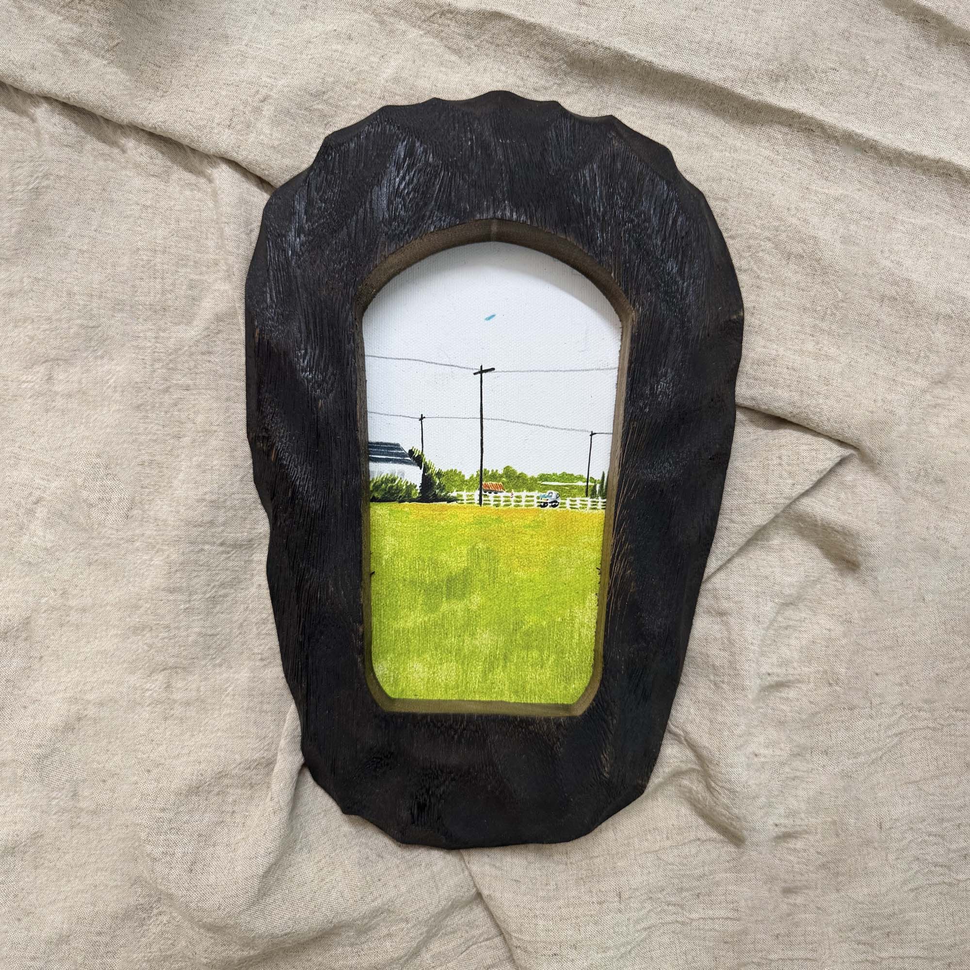 Hand Carved Black Wood Frame with Moody Landscape Art | Rustic Organic Decor