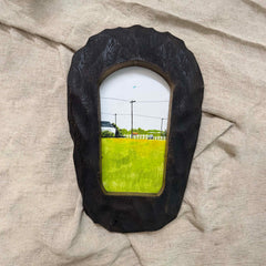 Hand Carved Black Wood Frame with Moody Landscape Art | Rustic Organic Decor