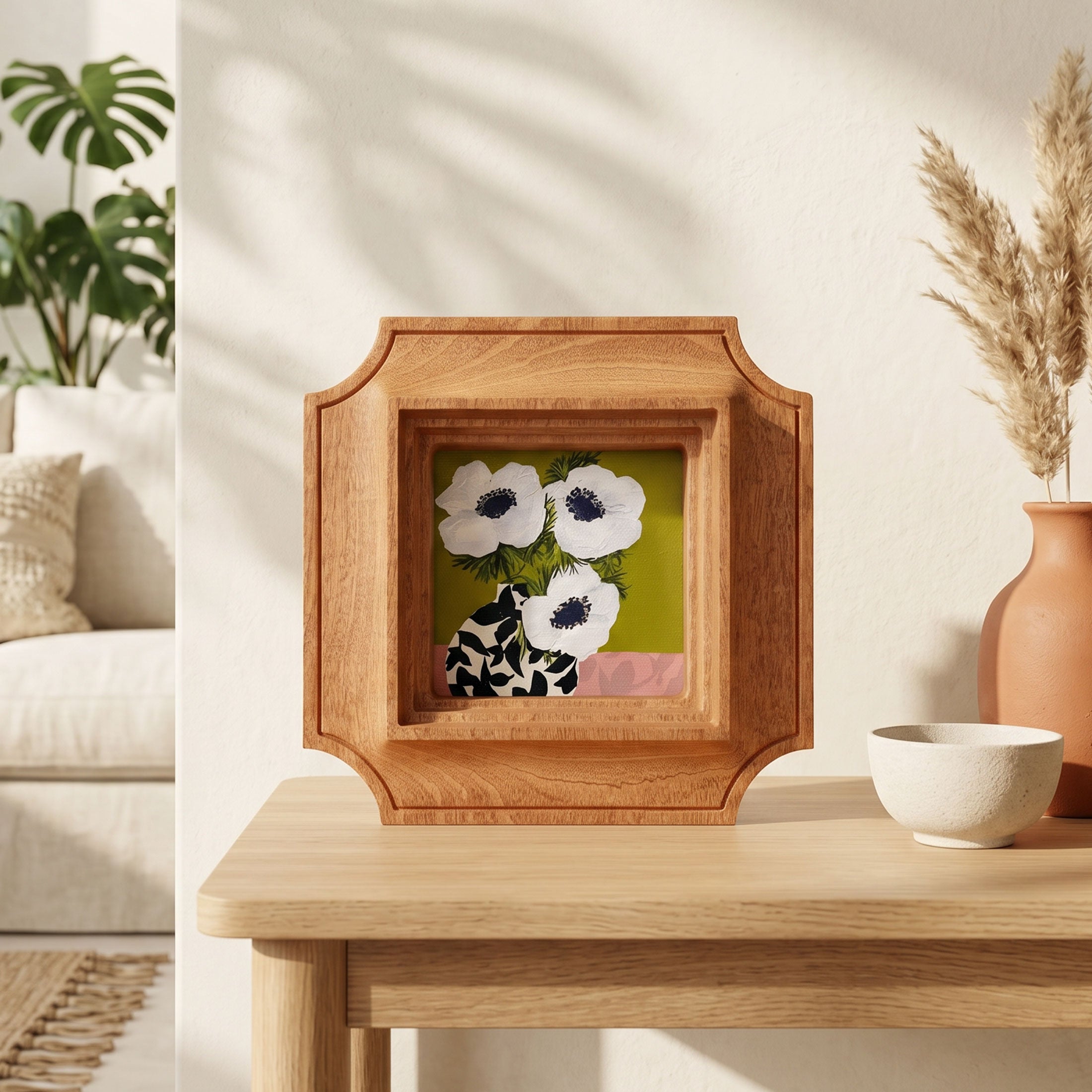 Vintage Inspired Solid Wood Frame - Modern White Anemone Art