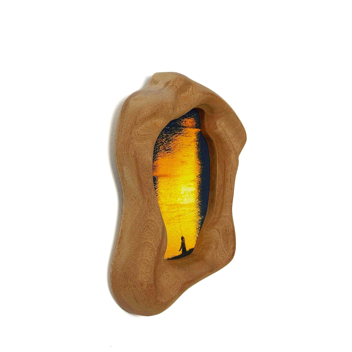 Handmade Wabi Sabi Freeform Wood Picture Frame, Abstract Sunset Fishing Art for Bedroom