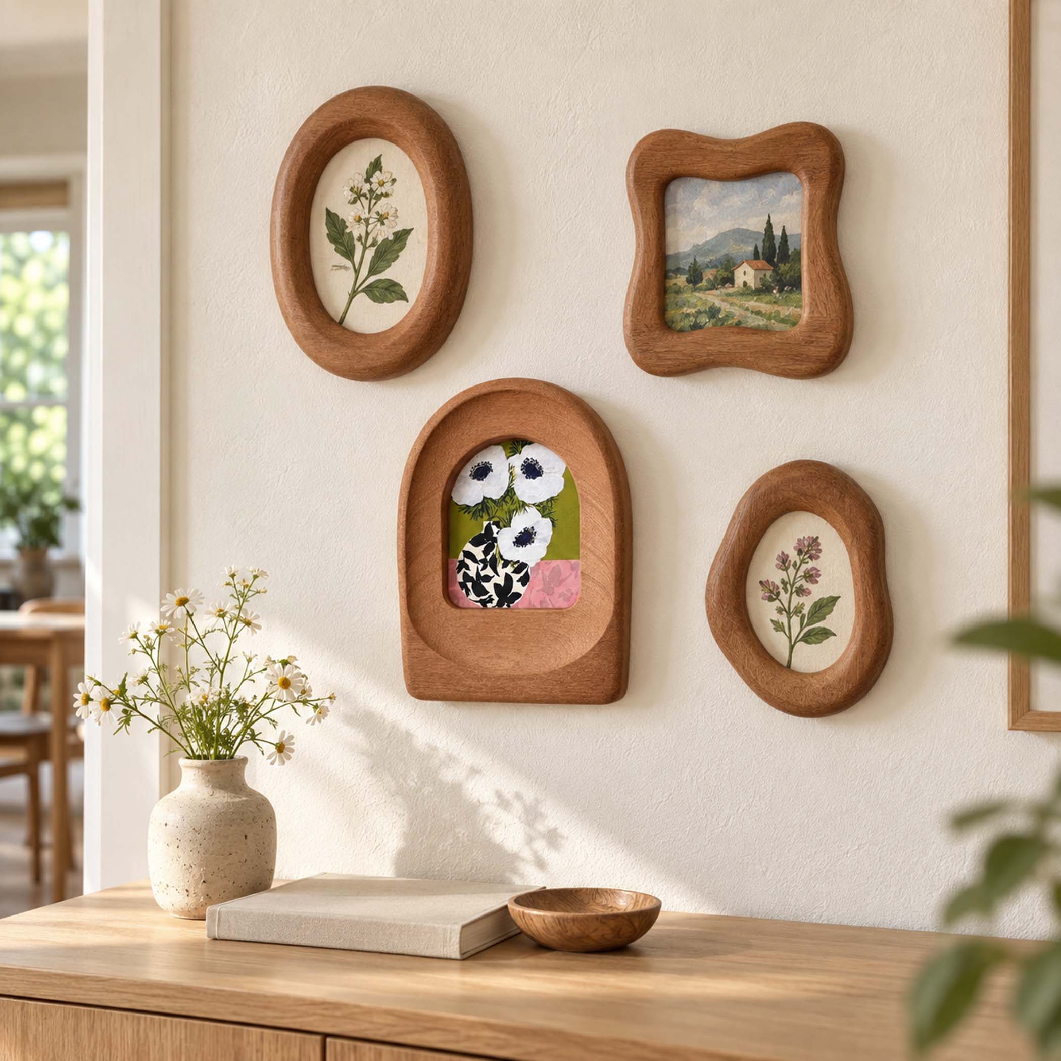 Hand-Carved Sapele Wood Arch Frame with Botanical Art