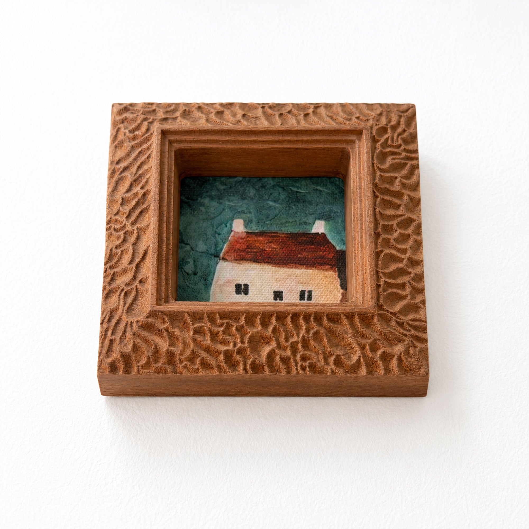 Hand-Carved Textured Sapele Wood Picture Frame with Cottage Art