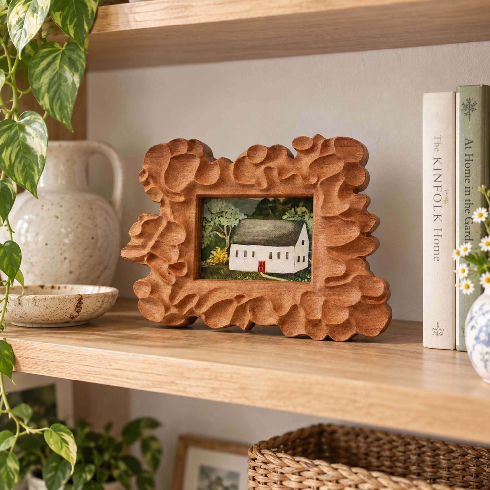Hand-Carved Sculptural Floral Sapele Wood Picture Frame with Cottage Art