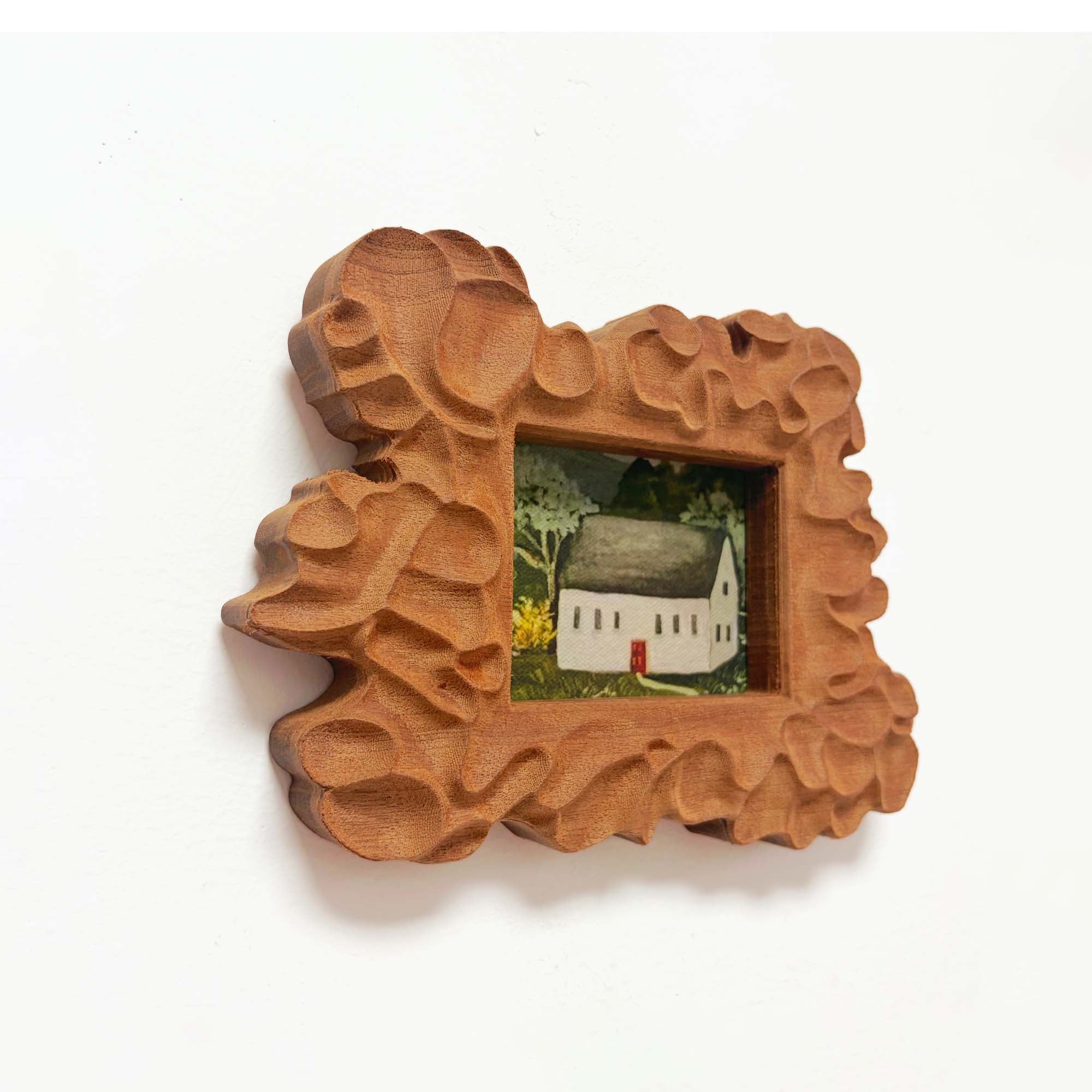 Hand-Carved Sculptural Floral Sapele Wood Picture Frame with Cottage Art