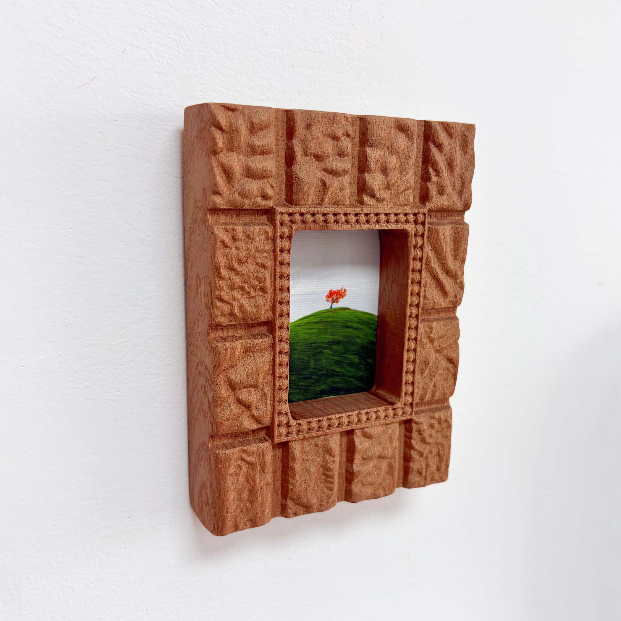 Hand-Carved Textured Sapele Wood Picture Frame with Red Tree Art