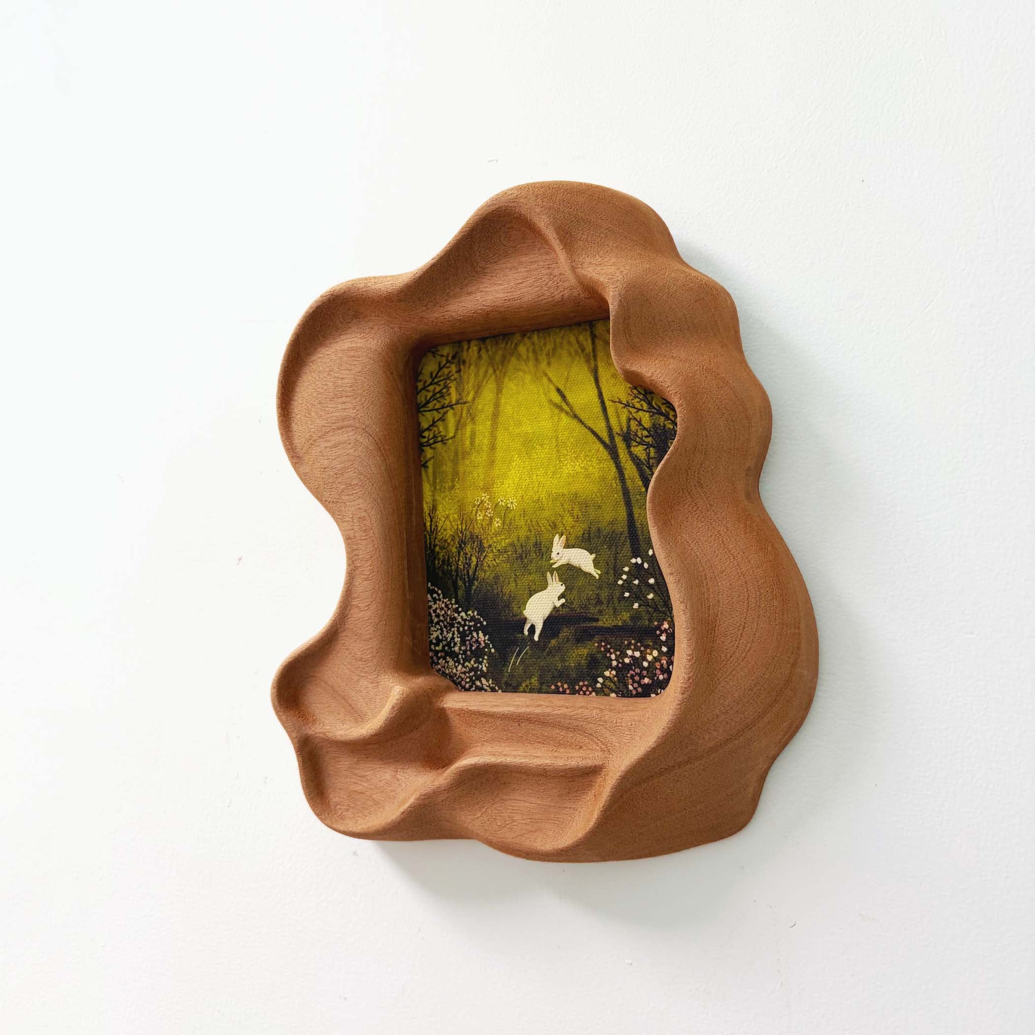Handmade Irregular Sapele Wood Picture Frame with Rabbit Art