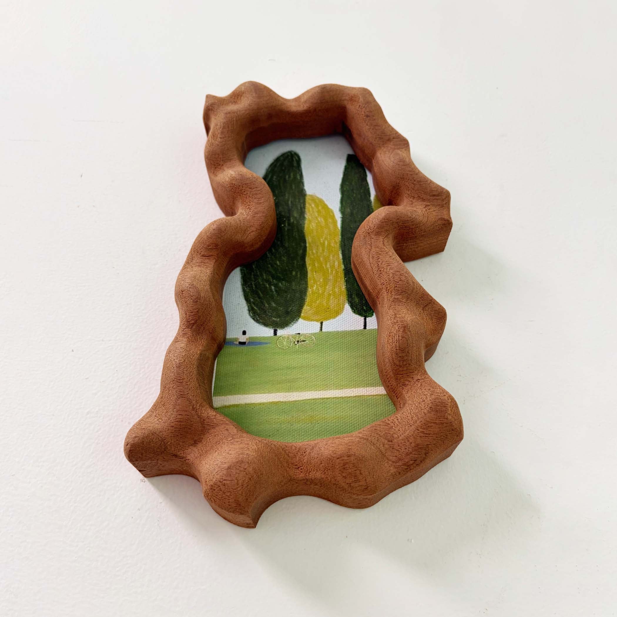 Hand-Carved Wavy Sapele Wood Picture Frame with Tree Art