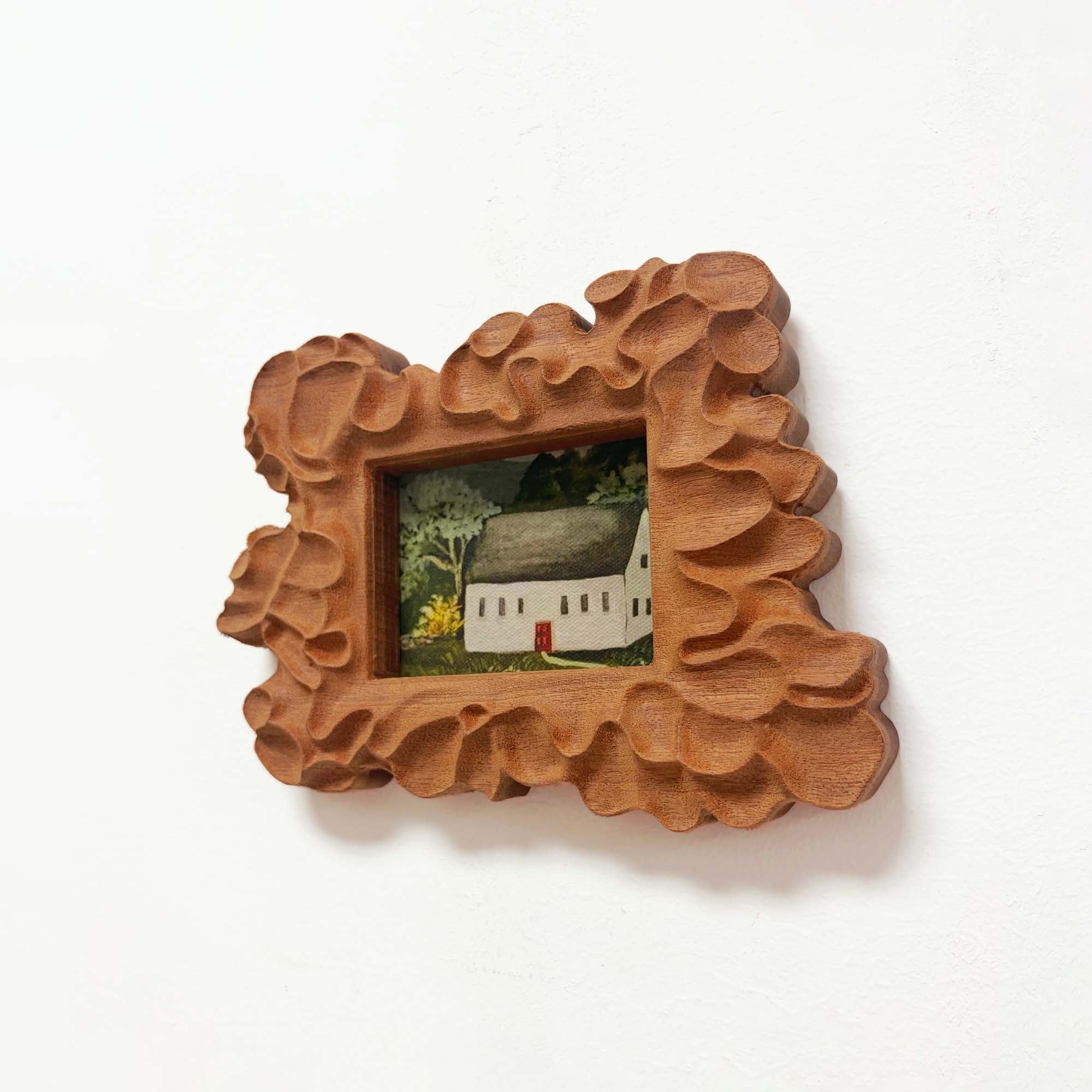 Hand-Carved Sculptural Floral Sapele Wood Picture Frame with Cottage Art