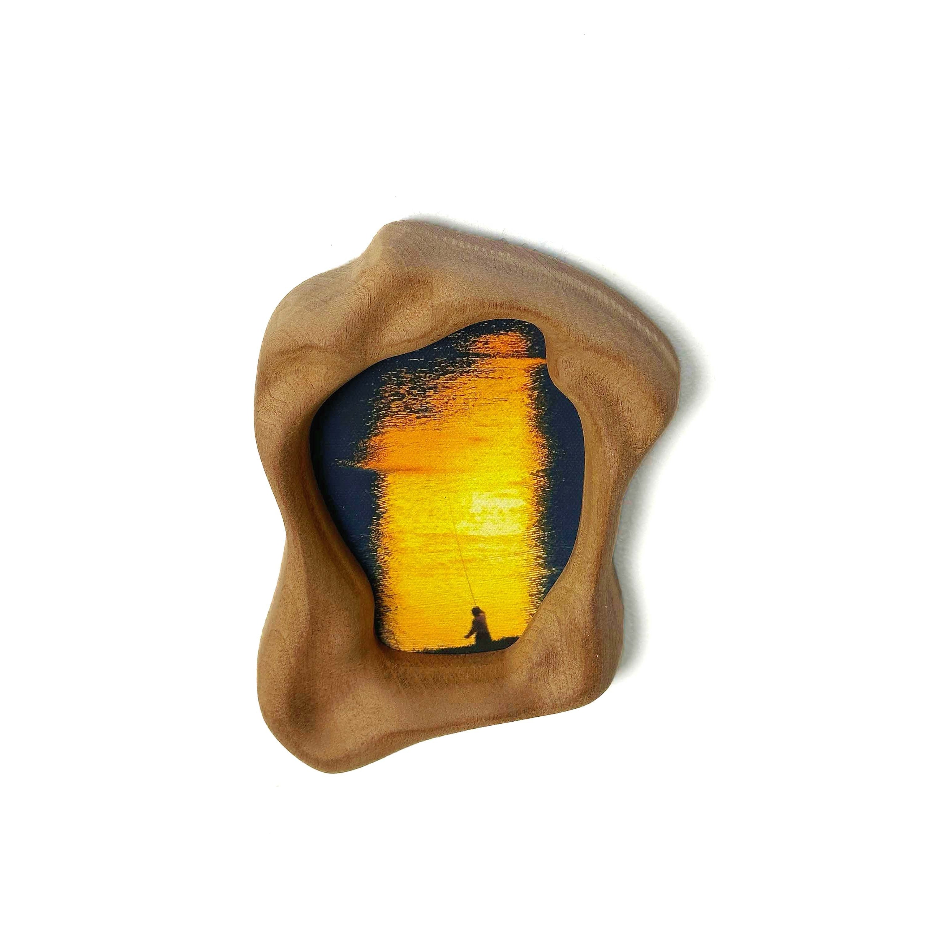 Handmade Wabi Sabi Freeform Wood Picture Frame, Abstract Sunset Fishing Art for Bedroom