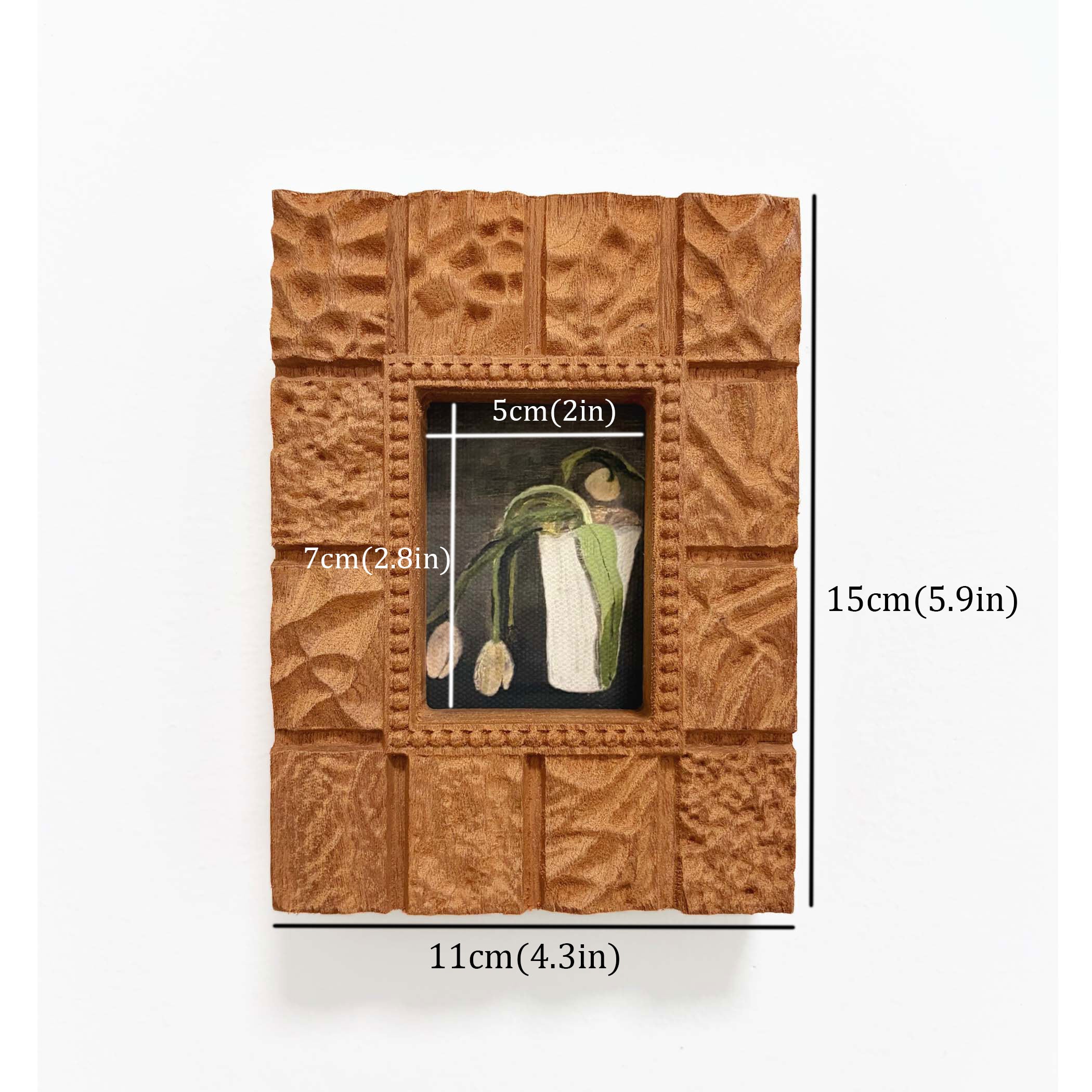 Hand-Carved Textured Sapele Wood Picture Frame with Red Tree Art