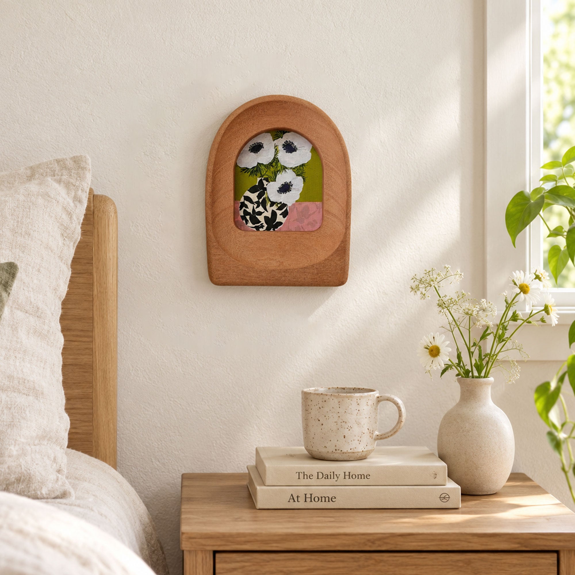 Hand-Carved Sapele Wood Arch Frame with Botanical Art