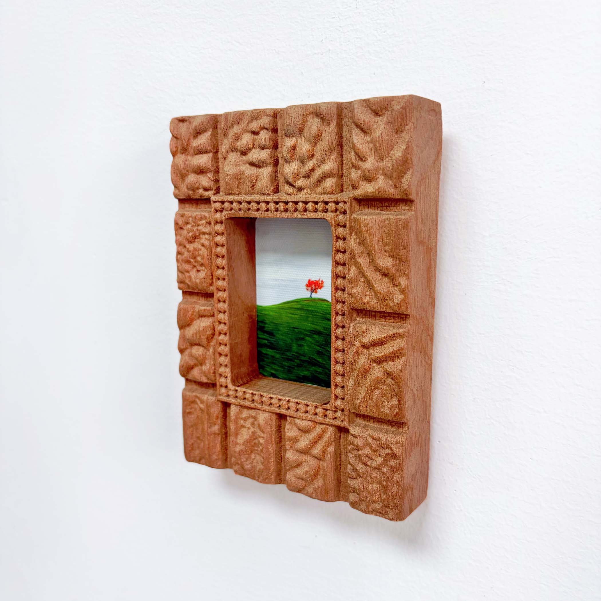 Hand-Carved Textured Sapele Wood Picture Frame with Red Tree Art