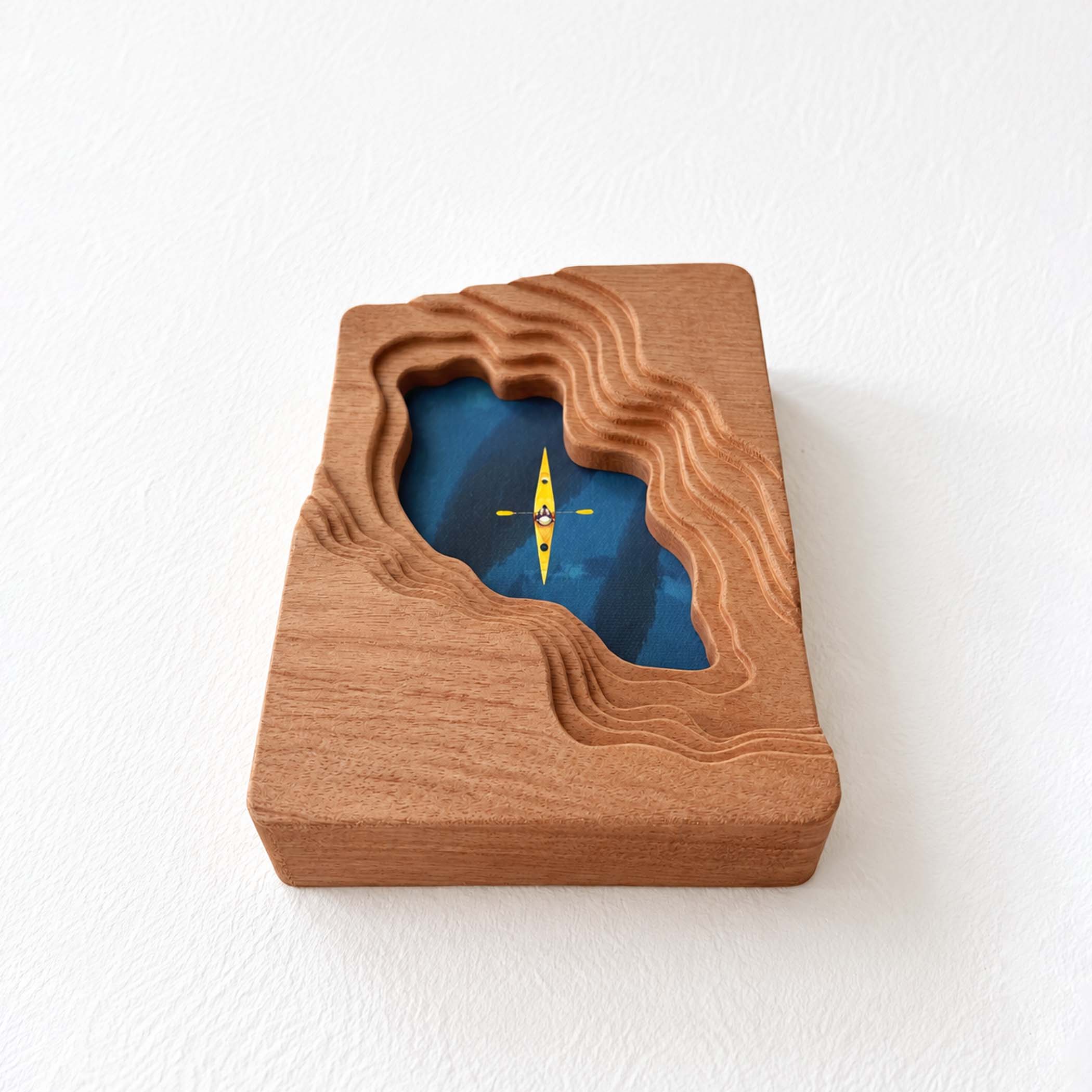 Hand-Carved Textured Sapele Wood Picture Frame with Lake & Kayak Art