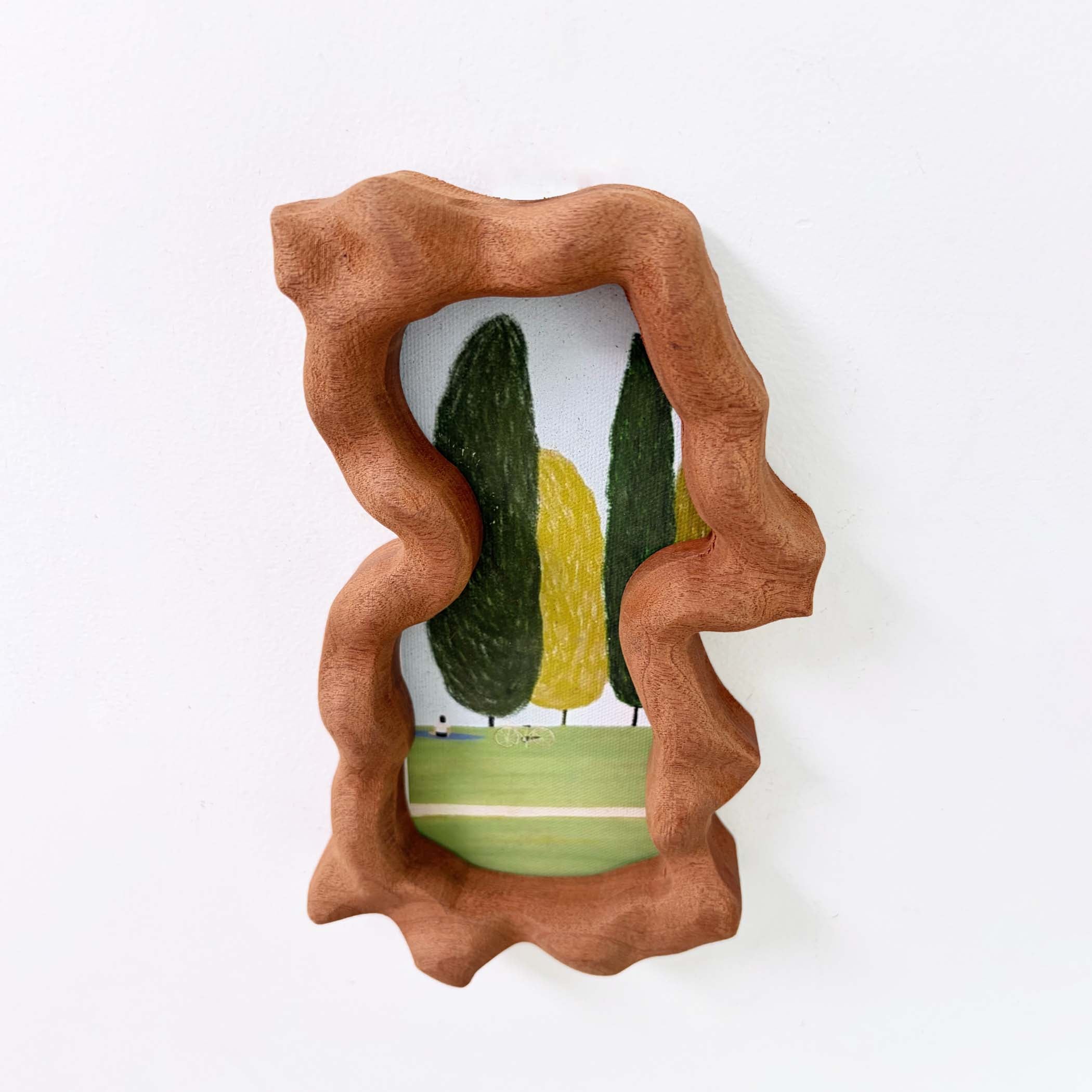 Hand-Carved Wavy Sapele Wood Picture Frame with Tree Art