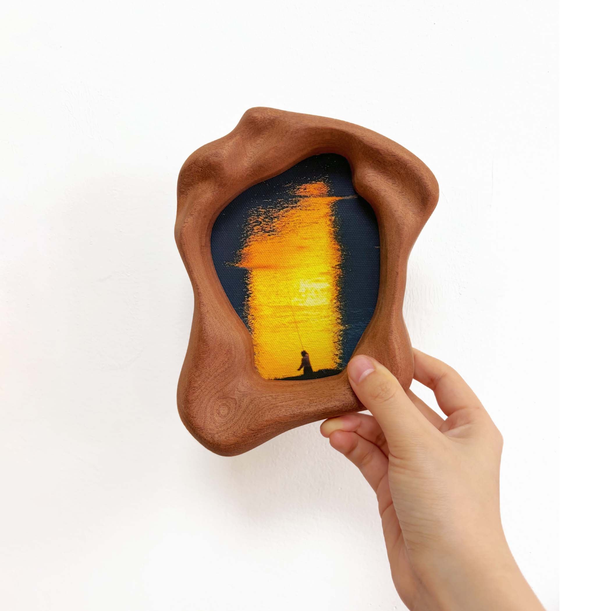 Handmade Organic Free-Form Sapele Wood Picture Frame with Sunset Art