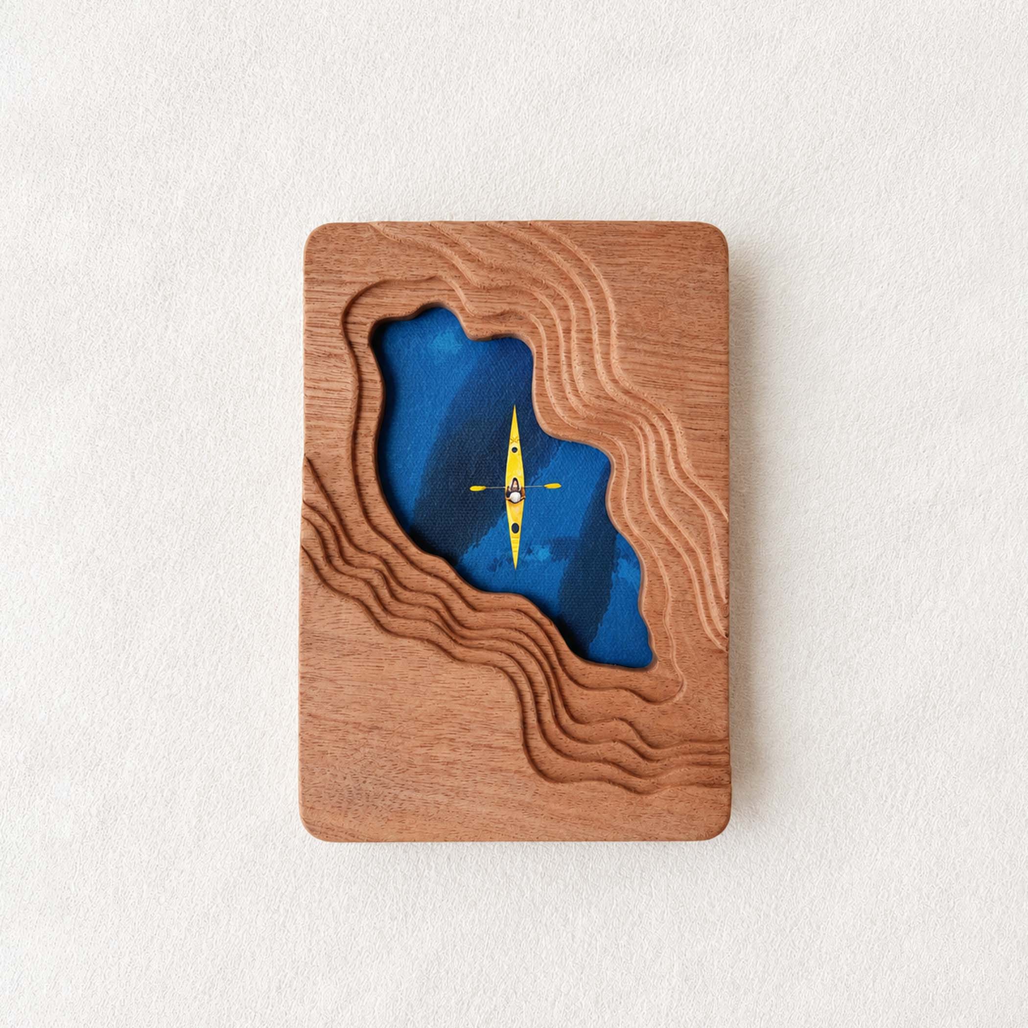 Hand-Carved Textured Sapele Wood Picture Frame with Lake & Kayak Art