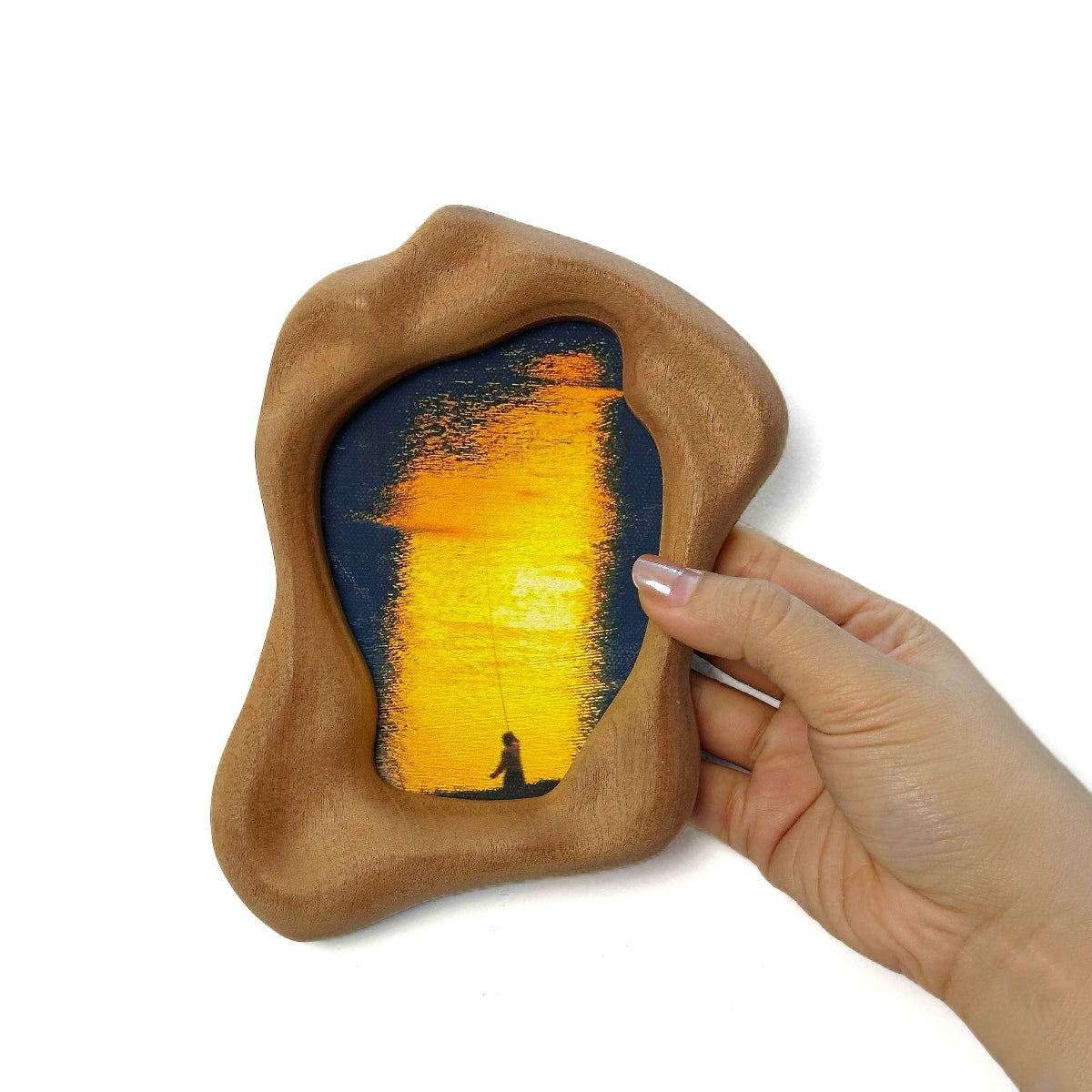 Handmade Wabi Sabi Freeform Wood Picture Frame, Abstract Sunset Fishing Art for Bedroom