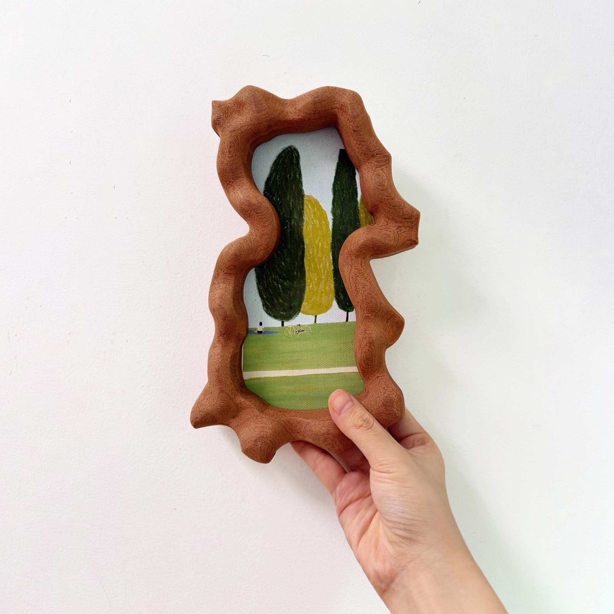 Hand-Carved Wavy Sapele Wood Picture Frame with Tree Art