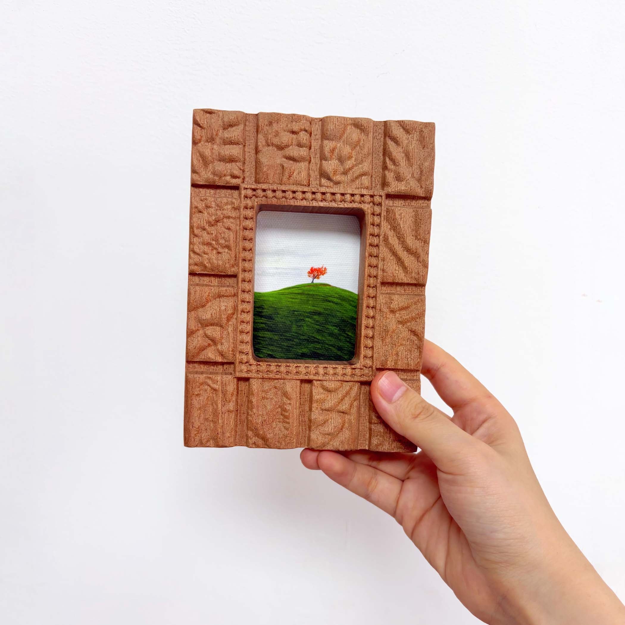 Hand-Carved Textured Sapele Wood Picture Frame with Red Tree Art
