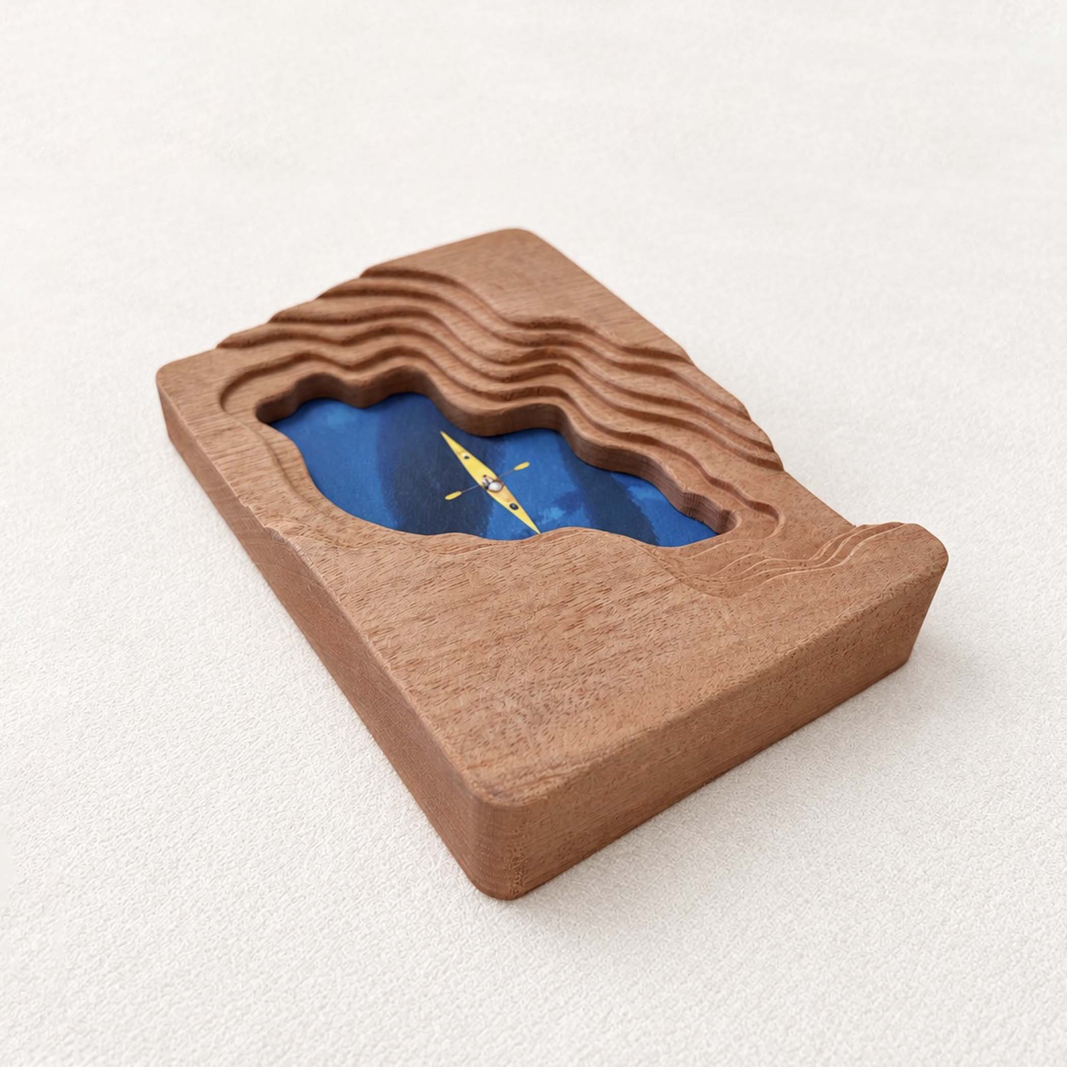 Hand-Carved Textured Sapele Wood Picture Frame with Lake & Kayak Art