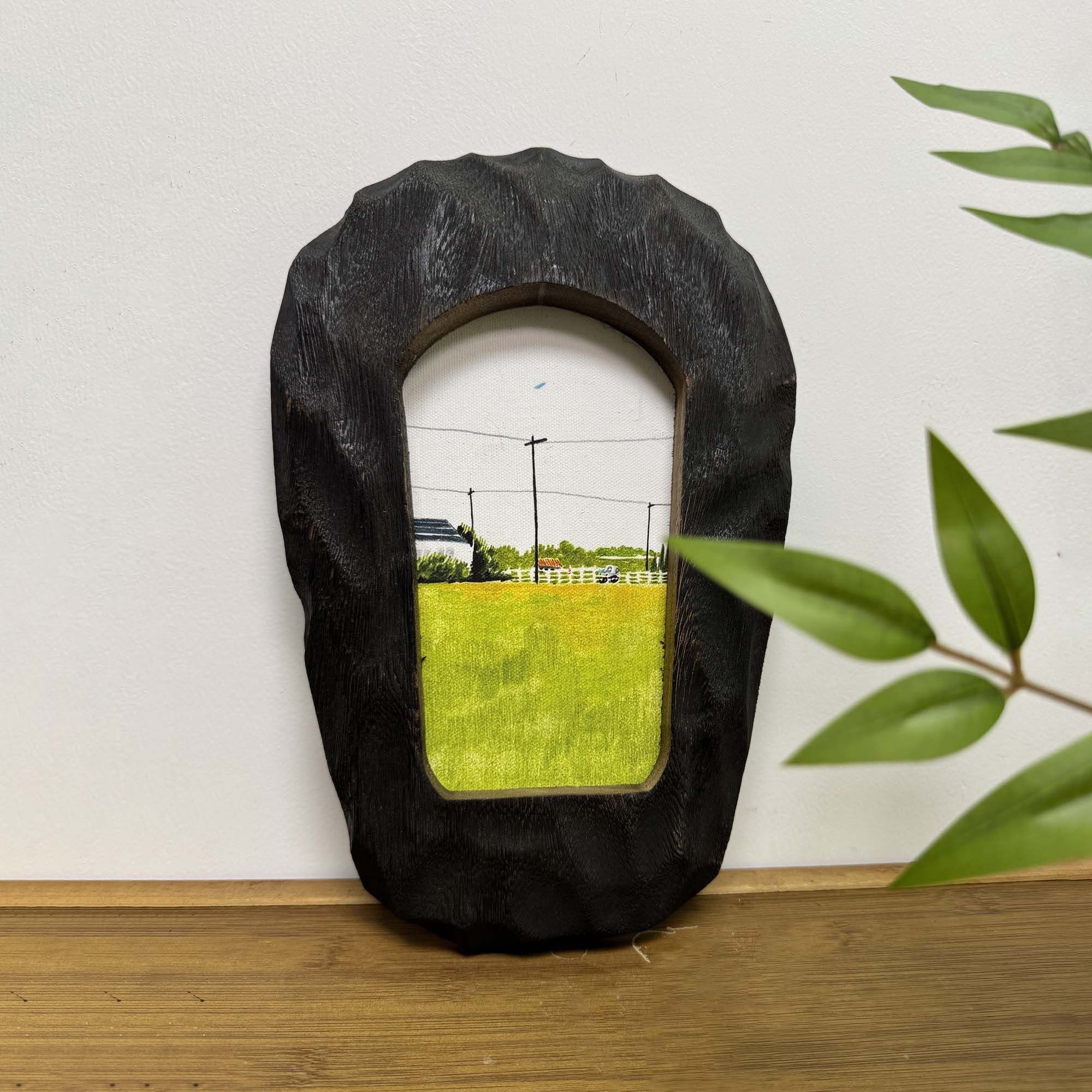 Hand Carved Black Wood Frame with Moody Landscape Art | Rustic Organic Decor